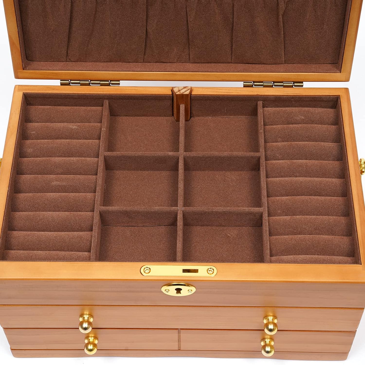 Portagioie a 3 livelli, terzo piano, anello regalo, 2 cassetti, con chiusura a chiave, in legno, per anelli, orecchini, collane, bracciali