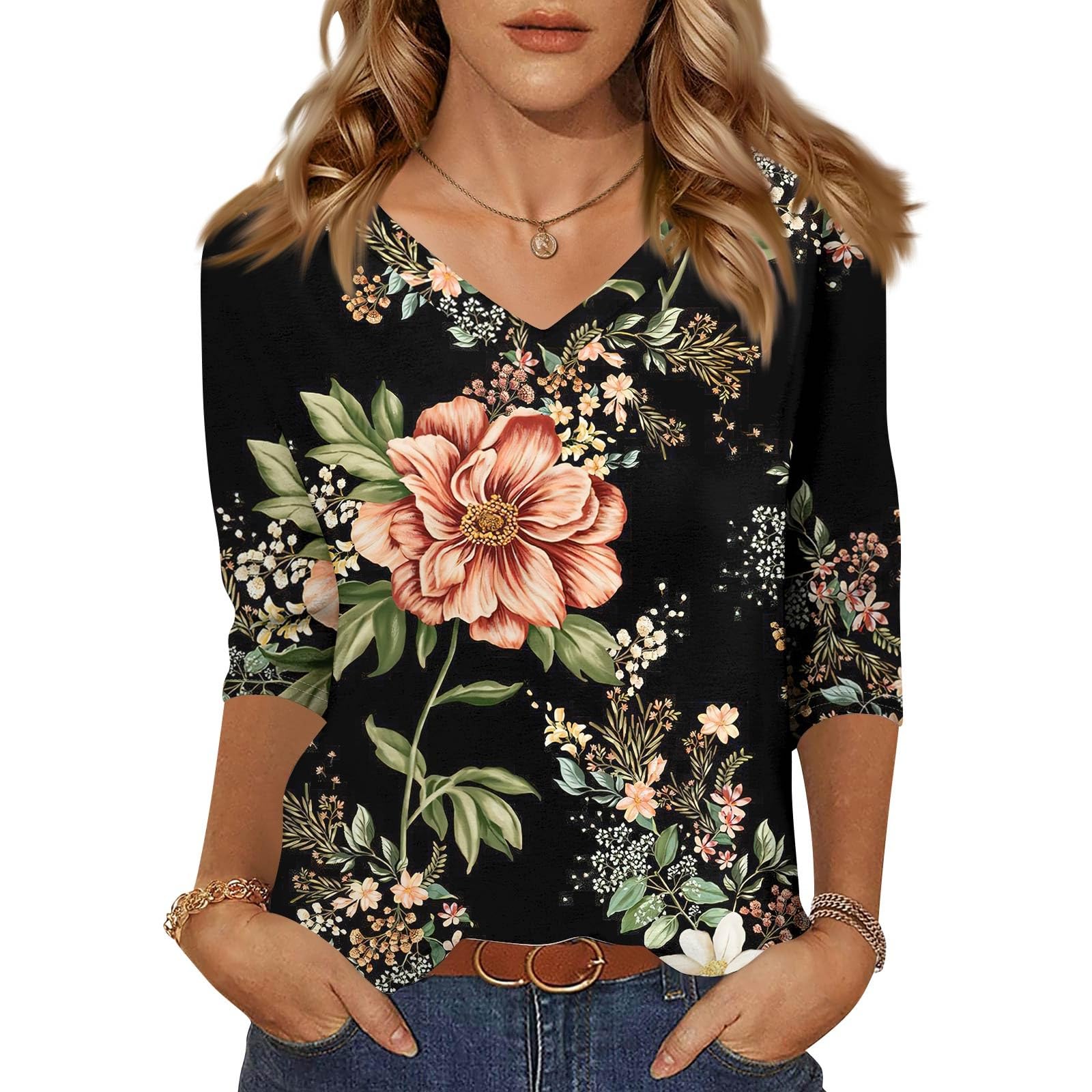 T Shirts for Women Loose Fit Tees 3/4 Sleeve Summer Top Fashion V Neck Blouses 3/4 Length Sleeve Floral Clothes Trendy