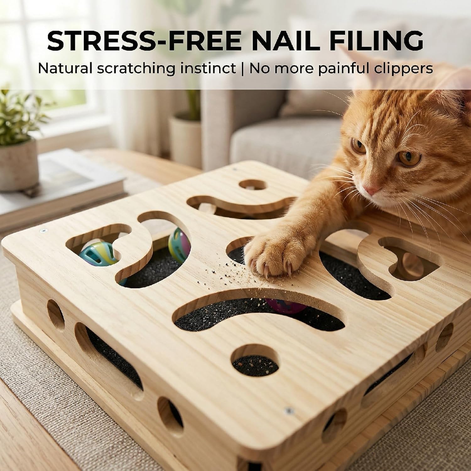 EIODEAR Cat Nail File Scratcher with 5 Sandpaper Pads, 4 Bell Balls, 8 Screw, Solid Wood Cat Scratch Puzzle Enrichment Box Nail Filer Box Toy to File Nails, Cat Treat Box for Treat-Motivated Cats