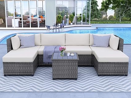 Amazon Com Merax 7 Pcs Wicker Conversation Furniture Set Patio Sofa And Table Set W Outdoor Rattan Sofa Set For Balcony Backyard Wicker Chair Set With Coffee Table Patio Lawn Garden