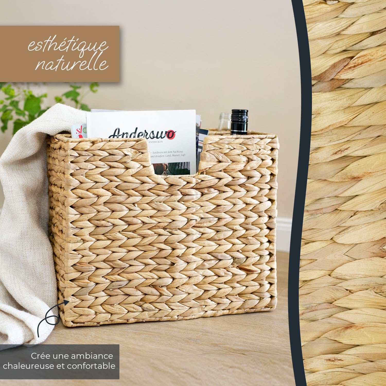 HMF Porte-journaux tressé en jacinthe d'eau | 2 compartiments | 40 x 20 x 33 cm