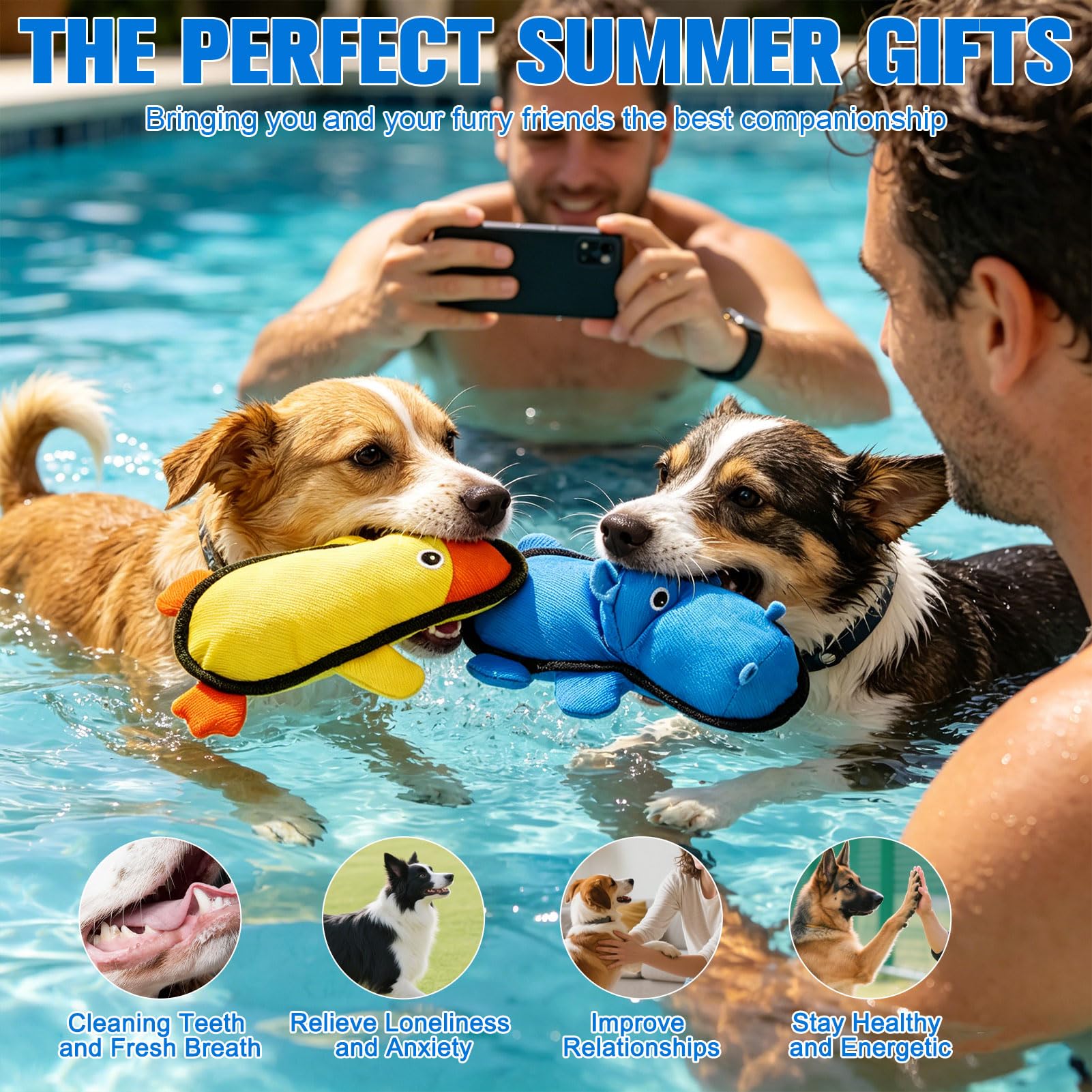 EXPAWLORER Lot de 3 jouets flottants pour chien pour piscine et été, en tissu Oxford doux et durable, jouets à mâcher interactifs avec plis pour chiens de petite, moyenne et grande taille, hippopotame