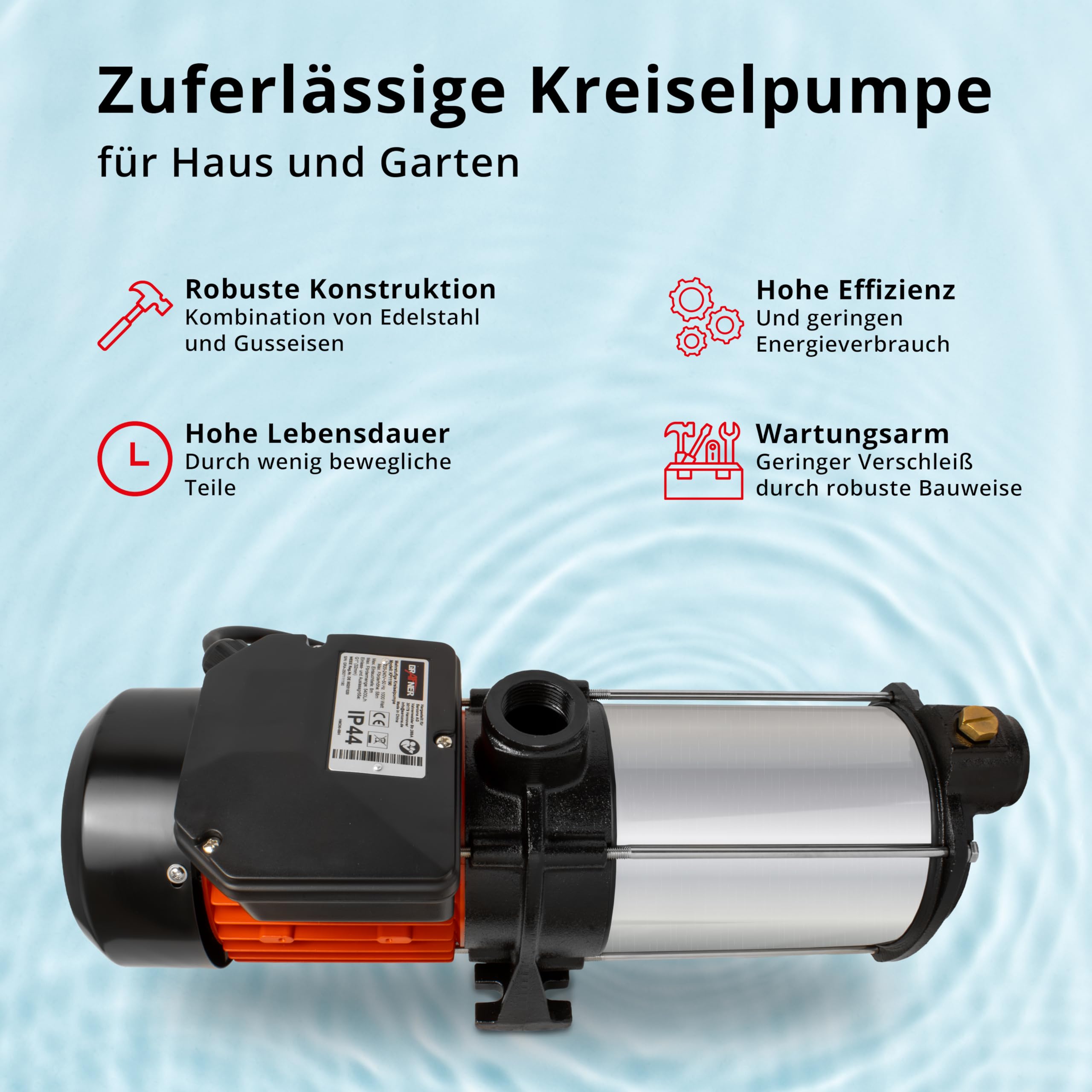 Grafner Premium Kreiselpumpe mehrstufig, 5400 l/h 1000 Watt, 5,8 bar, Förderhöhe 58m, Ansaughöhe 8m, selbstansaugende Wasserpumpe, Edelstahl Gartenpumpe Hauswasserwerk Brunnenpumpe Brauchwasserpumpe