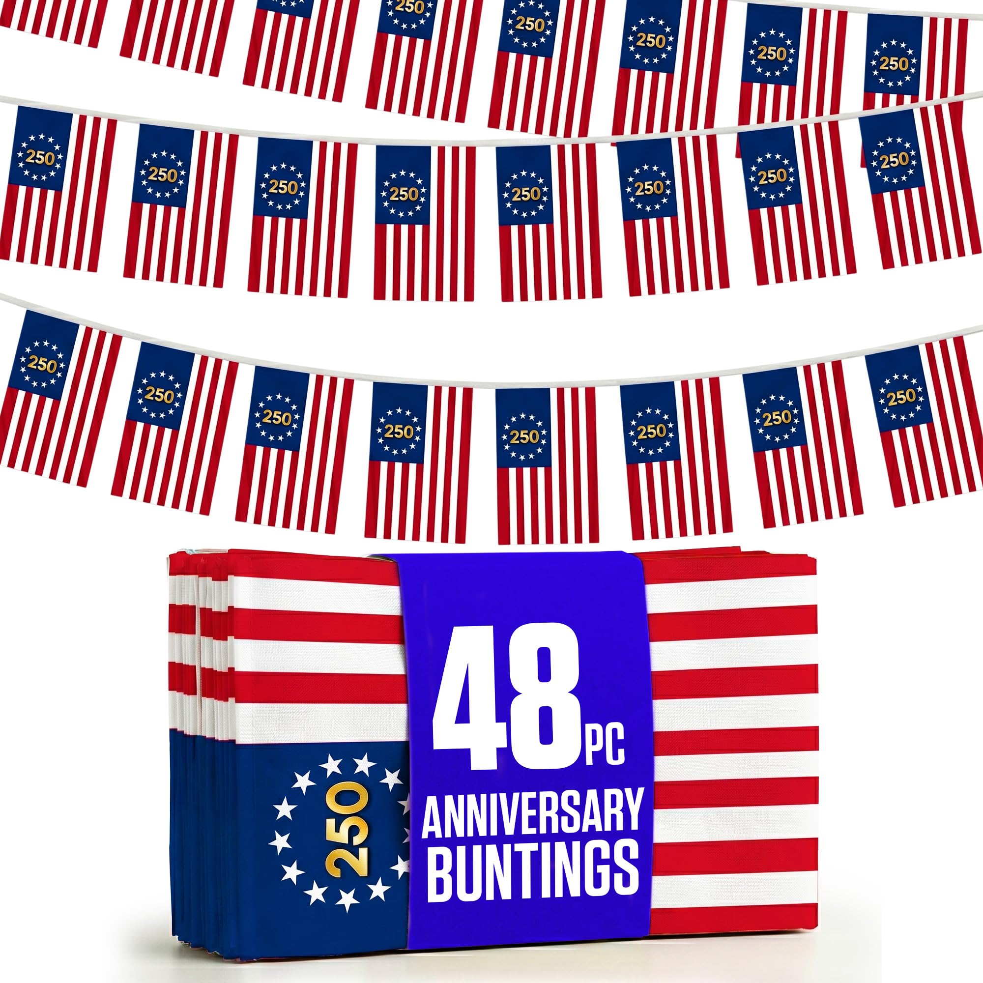 Betsy Ross Flag Bunting 48Pcs Flags 14x21cm String - 49ft Double-sided printed with Polyester Rope - 13 Stars Colonial Banner For 4th of July 250th Anniversary, Soccer 2026 & Game Day Decor