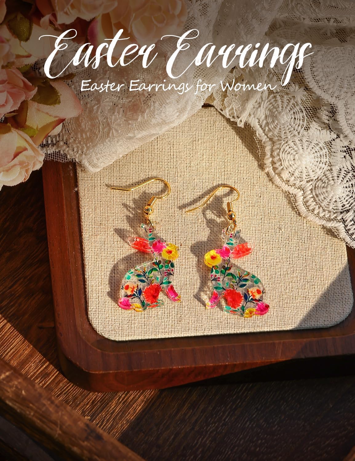 Easter Dangle Bunny Earrings - Easter Egg Hunt & Church Party Jewelry, Acrylic Rabbit Drop Earrings with Colorful Flowers, Cute Spring Gift for Women (Gold/Silver Hooks) - Image 5