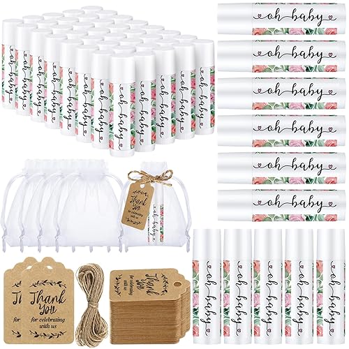 Demissle Juego de 50 bálsamos labiales para baby shower, con 100 bolsas de organza, recuerdo de fiesta de bienvenida para invitados, cuerda de