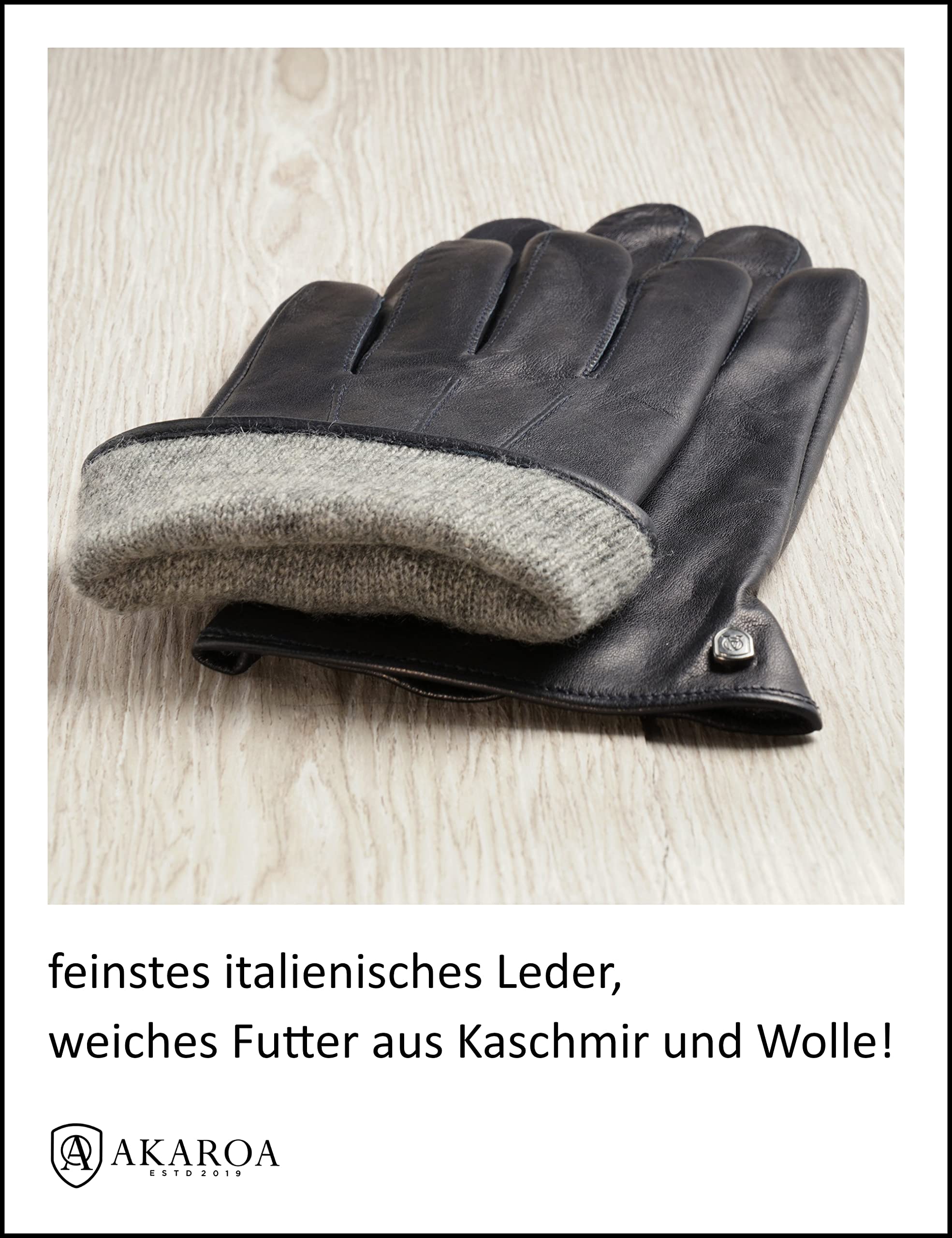 AKAROA ESTD 2019 Lederhandschuhe Herren MAX, Touchscreen Funktion, italienisches Leder, recyceltes Strickfutter aus 50% Kaschmir und 50% Wolle, 5 Größen S - XXL