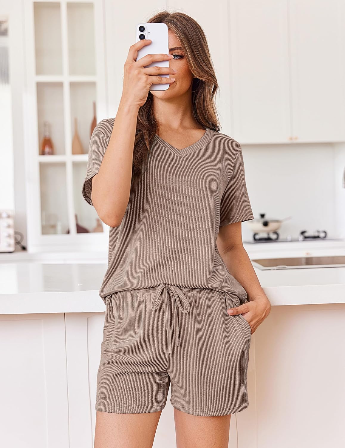 Ekouaer Womens Pajama Sets Short Sleeve Knit Lounge Set 2 Piece Pj Sets for Women V Neck Casual Loungewear - Image 2