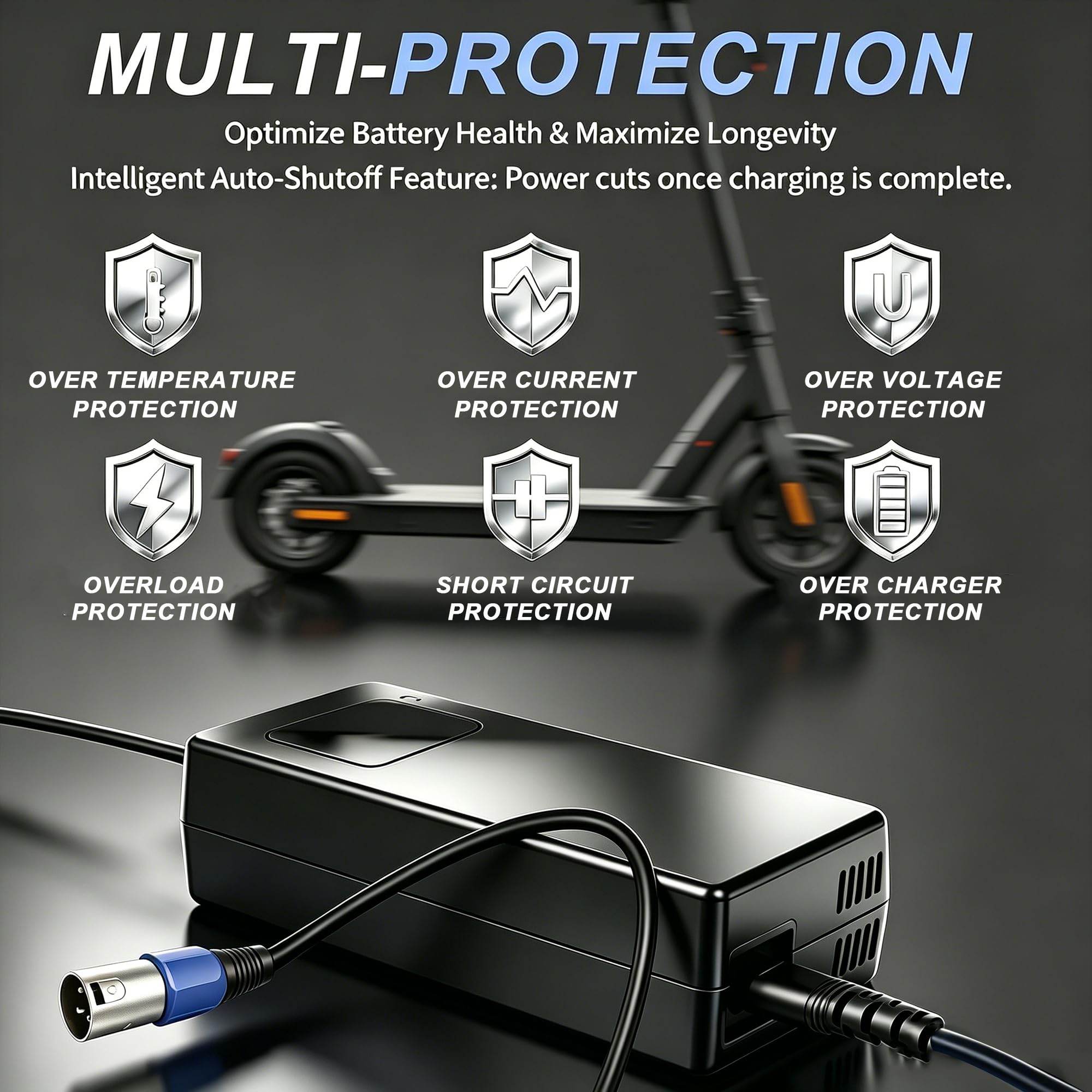 Chargeur 54,6V 2A pour Batterie Lithium 48V de vélo électrique | Affichage tension en temps réel, ventilateur intelligent, protections multiples, connecteur XLR 18mm