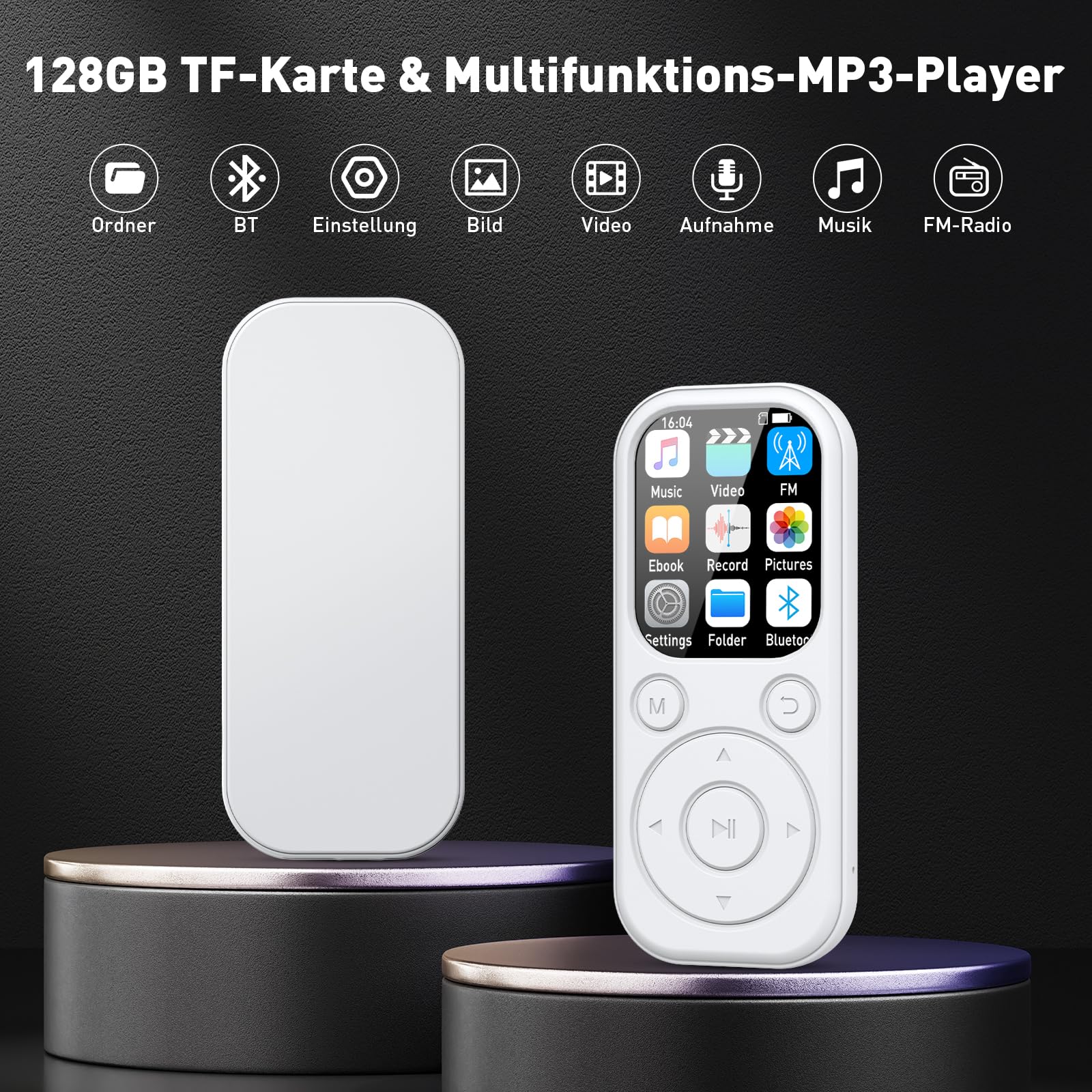 Lecteur MP3 Bluetooth 128 Go avec Radio FM, Enregistreur Vocal, Son HiFi, Blanc