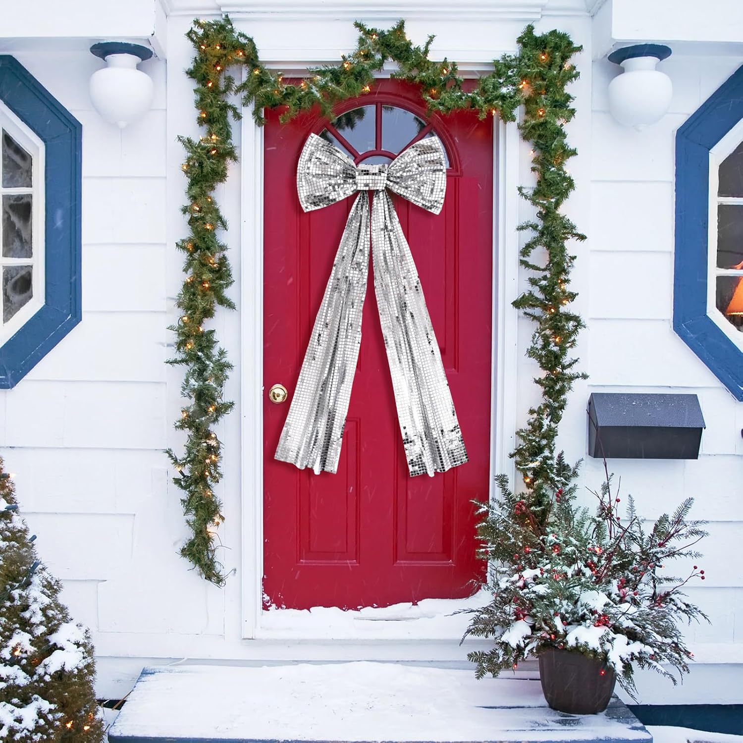 Christmas Disco Ribbon Bow 40 x 20 Inch Large Silver Bow Decor Mirror Ribbon Sequin Premade Xmas Glittery Ornaments for Xmas Tree Topper Wreath Background Wall Holiday Themed Party - Image 5