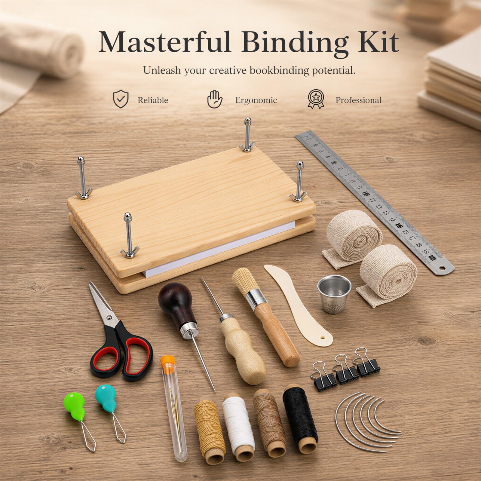 Kit de encuadernación de libros expertos, 40 piezas, prensa de encuadernación de libros de madera de 11.6 x 7.7 pulgadas, herramientas y suministros de encuadernación, tablero de cubierta de libros