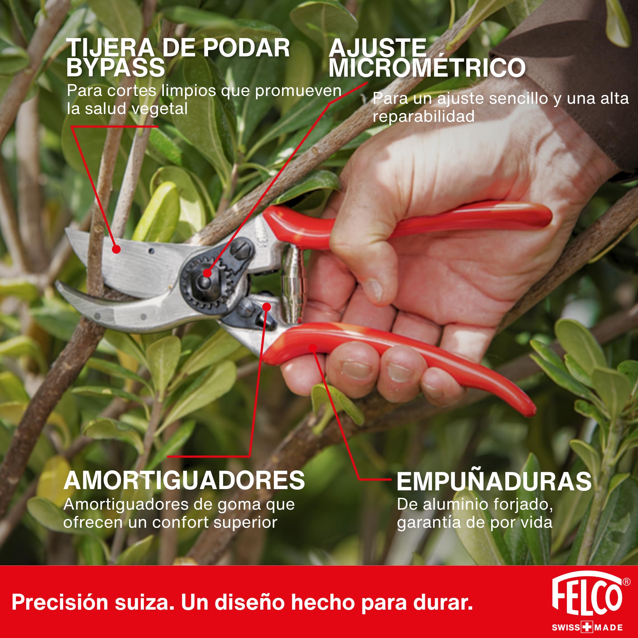 FELCO 2 tijera bypass profesional para diestros, hoja de acero templado 41 mm, mangos de aluminio forjado, corte limpio hasta 25 mm, herramienta suiza robusta