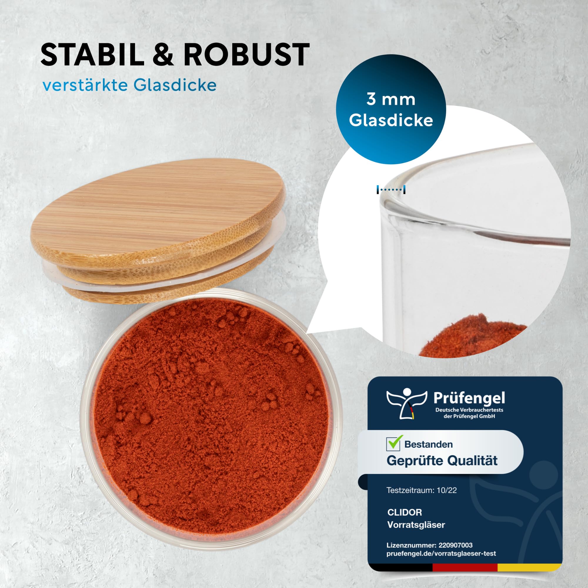 CLIDOR ® Set di 6 barattoli rotondi di alta qualità, resistenti 3 mm di spessore, contenitori ermetici in vetro con coperchio per una conservazione sicura, barattoli impilabili con coperchio,