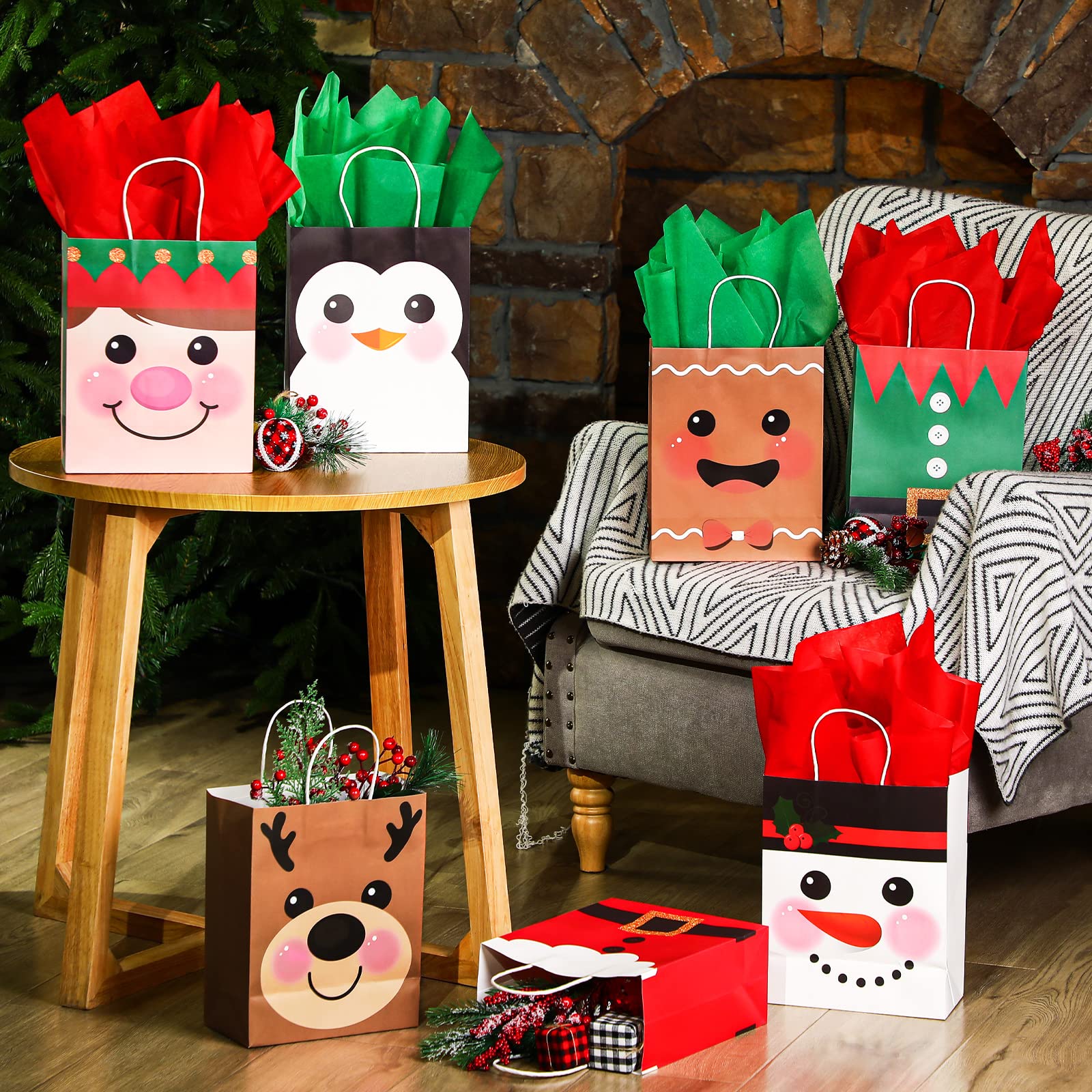 Lot de 24 sacs cadeaux de Noël en papier de soie avec poignées en vrac pour emballage cadeau de Noël, fournitures de fête de vacances (mignon, taille M)
