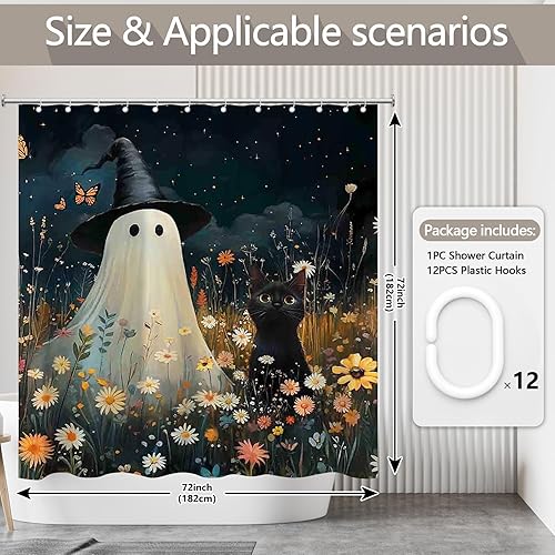 Miniatura 4 de ZTHMOE Cortina de ducha de fantasma de Halloween para baño, terror, espeluznante, caricatura, gato, noche divertida, floral, acuarela, decoración