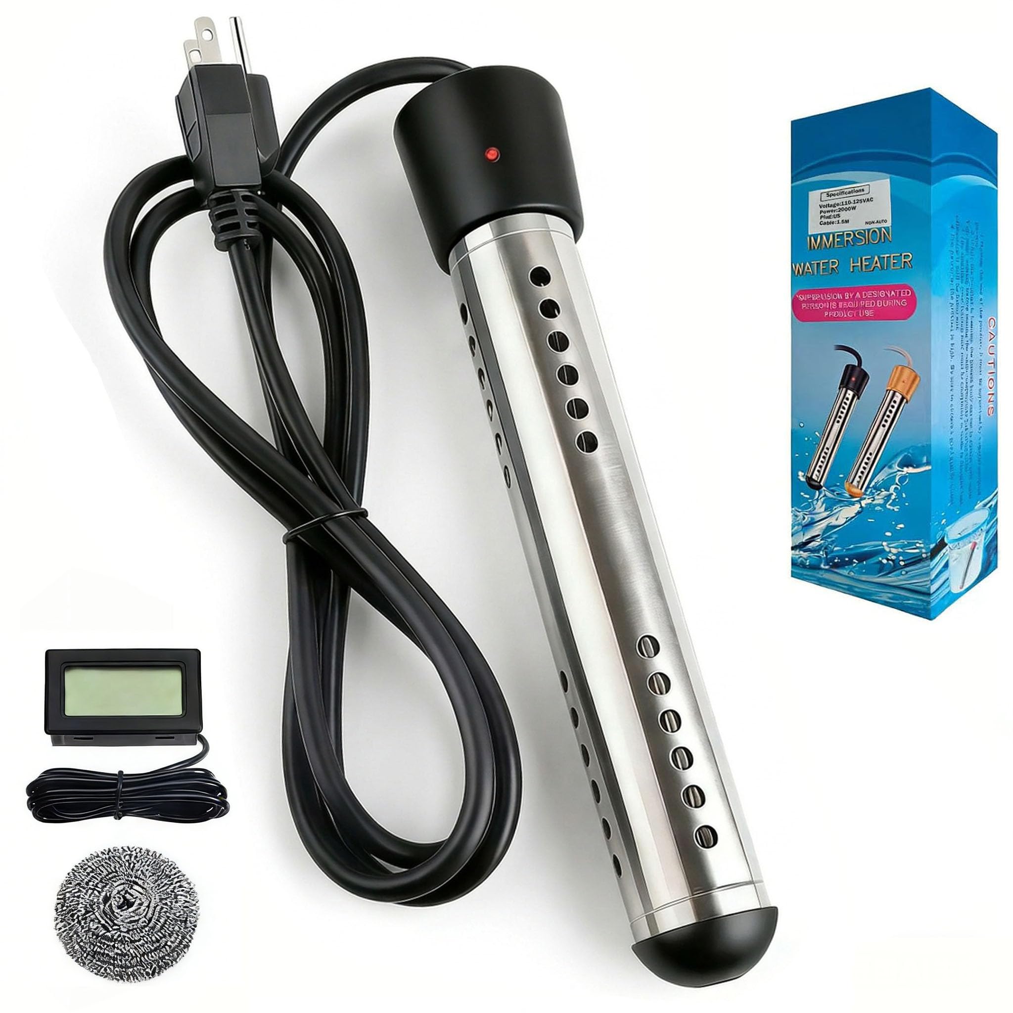 Photo 1 of 2000W Portable Immersion Water Heater with Stainless Steel Guard & Digital Thermometer, Submersible Electric Water Heater with Fast Heating for Small Pool, Bathtub, Bucket, Camping & Outdoor Use