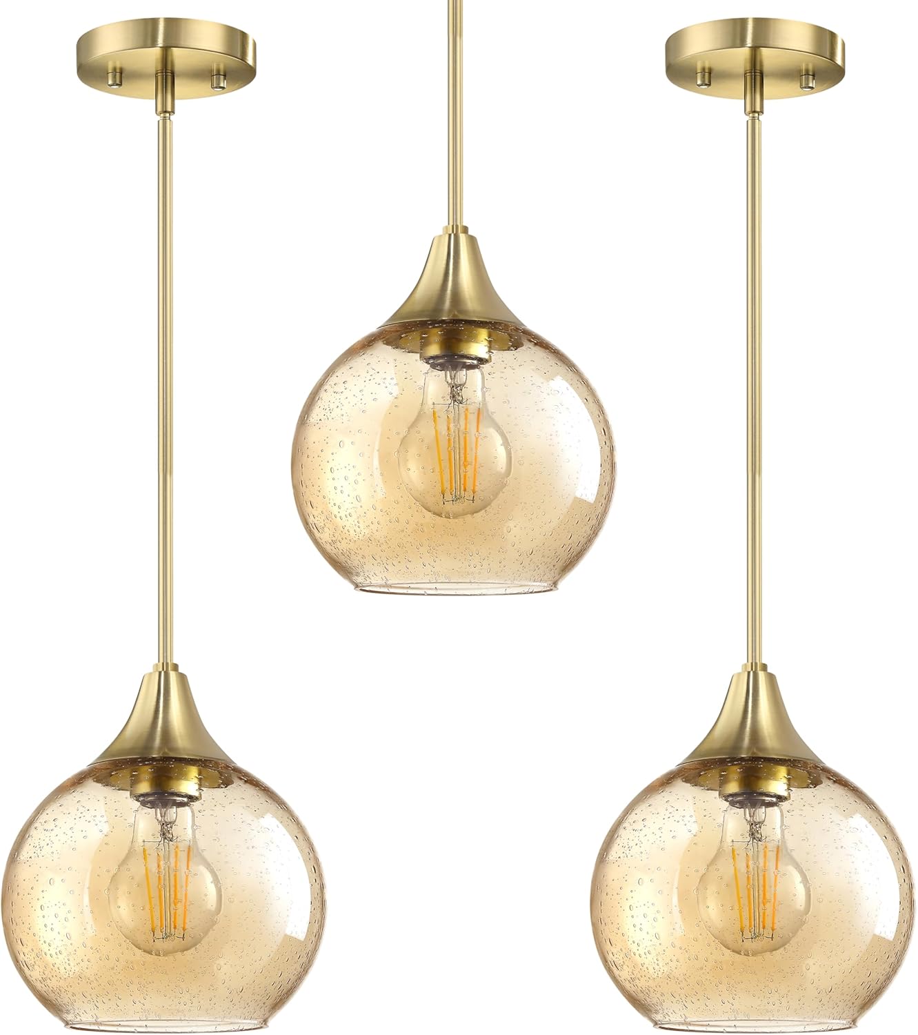 3 Pack 1 Light Hanging Indoor Kitchen Island Pendant Light 6.7" Clear Amber Glass Pendant Ceiling Light Fixture,Brushed Bronze Finish Modern Farmhouse Dinning Over Sink