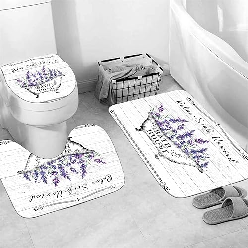 Miniatura 3 de Nkzply Juego de 4 cortinas de ducha florales lavanda con cortina de ducha y alfombras, flores moradas, bañera de campo sobre fondo de madera