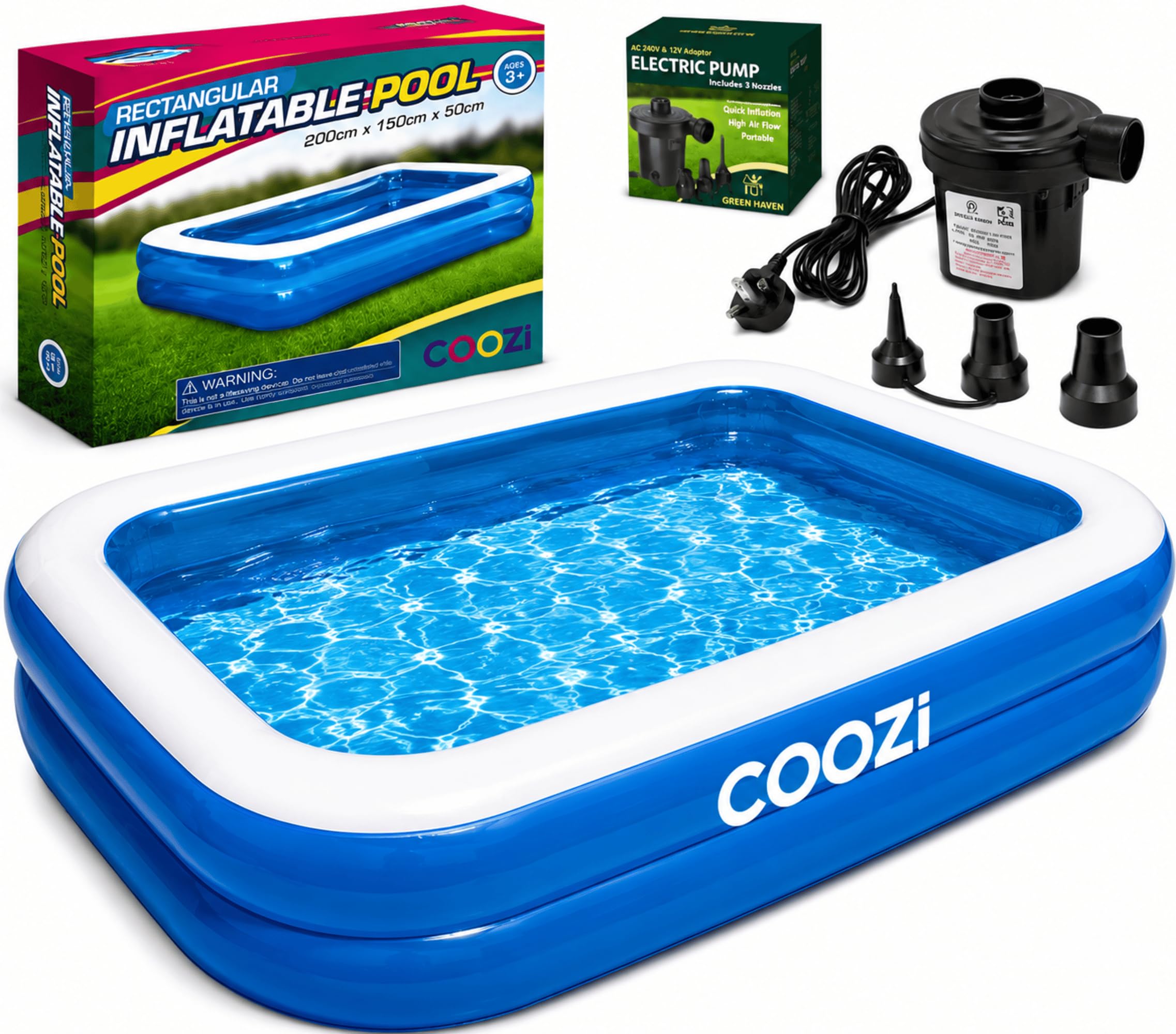 COOZi Inflatable Paddling Pool With Pump - Family Pool With Repair Patch - Easy to Inflate Paddling Pool for Kids and Adults - Inflatable Swimming Pools for Gardens (Pool + Pump, 2.6M With Pump)