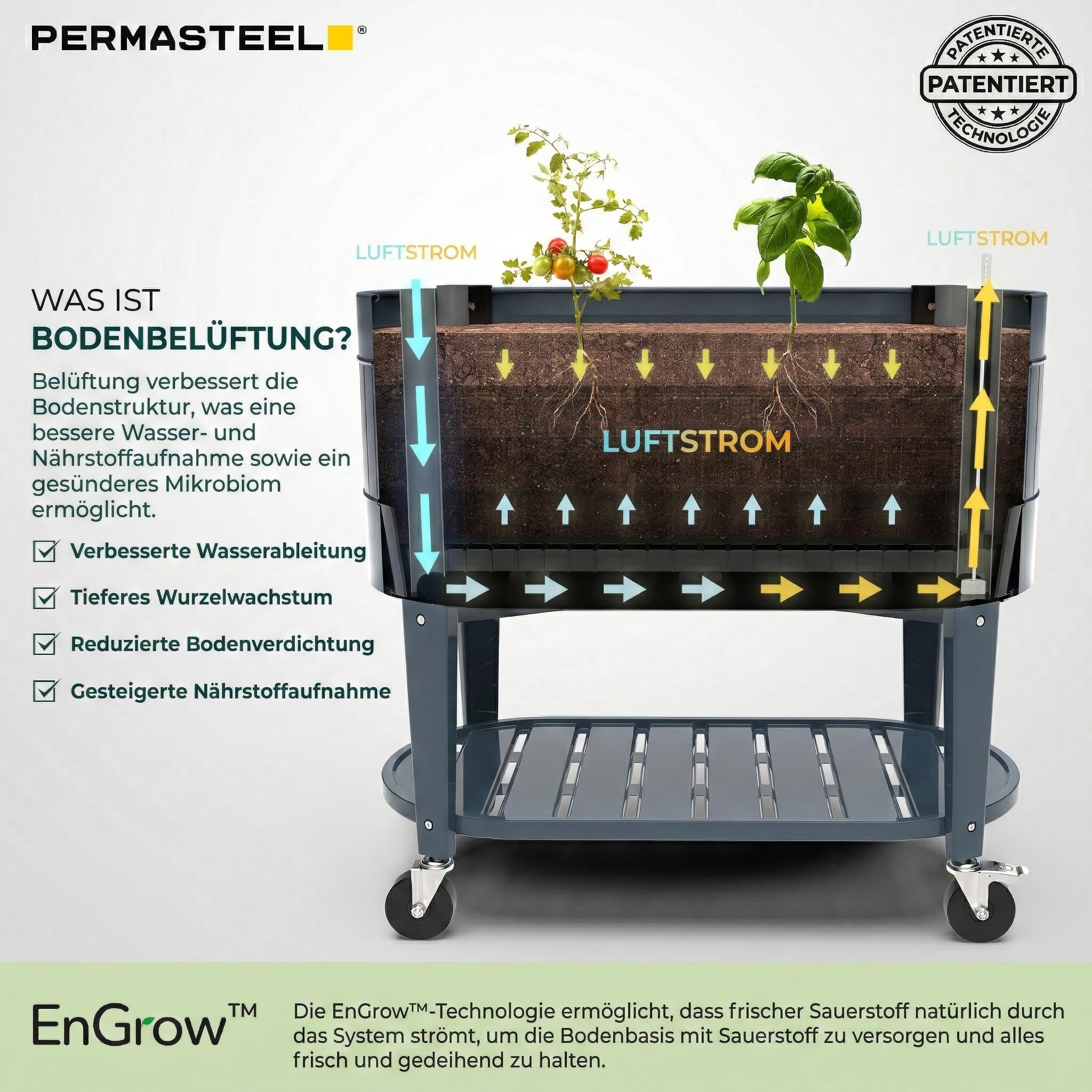 Permasteel Hochbeet Metall mit Rollen für Garten oder Balkon - Pflanzkübel groß außen 101x51x94 cm - Selbstbewässerungssystem, Wasserstandsanzeige und Ablassventil - Für Gemüse, Kräuter oder Blumen