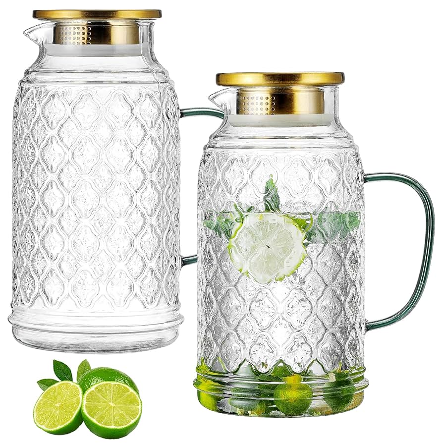 Glass Pitcher with Lid, 2 PACK 84 oz/2.5L Liter Vintage Water Pitcher, Clear Borosilicate Glass Water Carafe for Cold Brew, Coffee, Lemonade, Iced Tea,Beverage, Heat Resistant