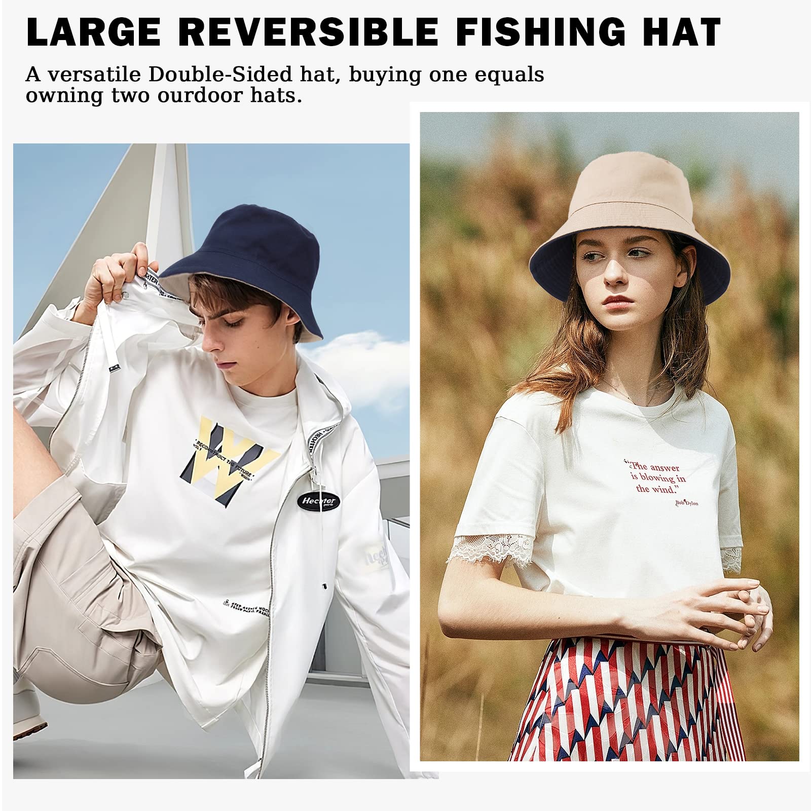 TAGVO Cabezas Grandes Gorro Pescador Reversibles Sombreros Cubo XXL Plegables Senderismo Camping Sombrero Algodón Sombreros Sol de Plegables para Hombres Mujeres
