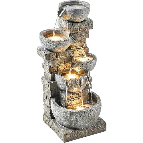 Outsunny 31.5" Tall 5 Tiers Outdoor Water Fountain, Waterfall Fountain with Warm LED Lights, Outdoor Cascading Water Feature for Garden Patio Backyard Porch Home Decor, Stone Gray