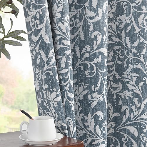 Vangao Blue Floral Blackout Curtains 84 Inches Long for Bedroom Flower Curtains for Living Room Grommet Thermal Insulated Farmhouse Vintage Window Drapes 2 Panels