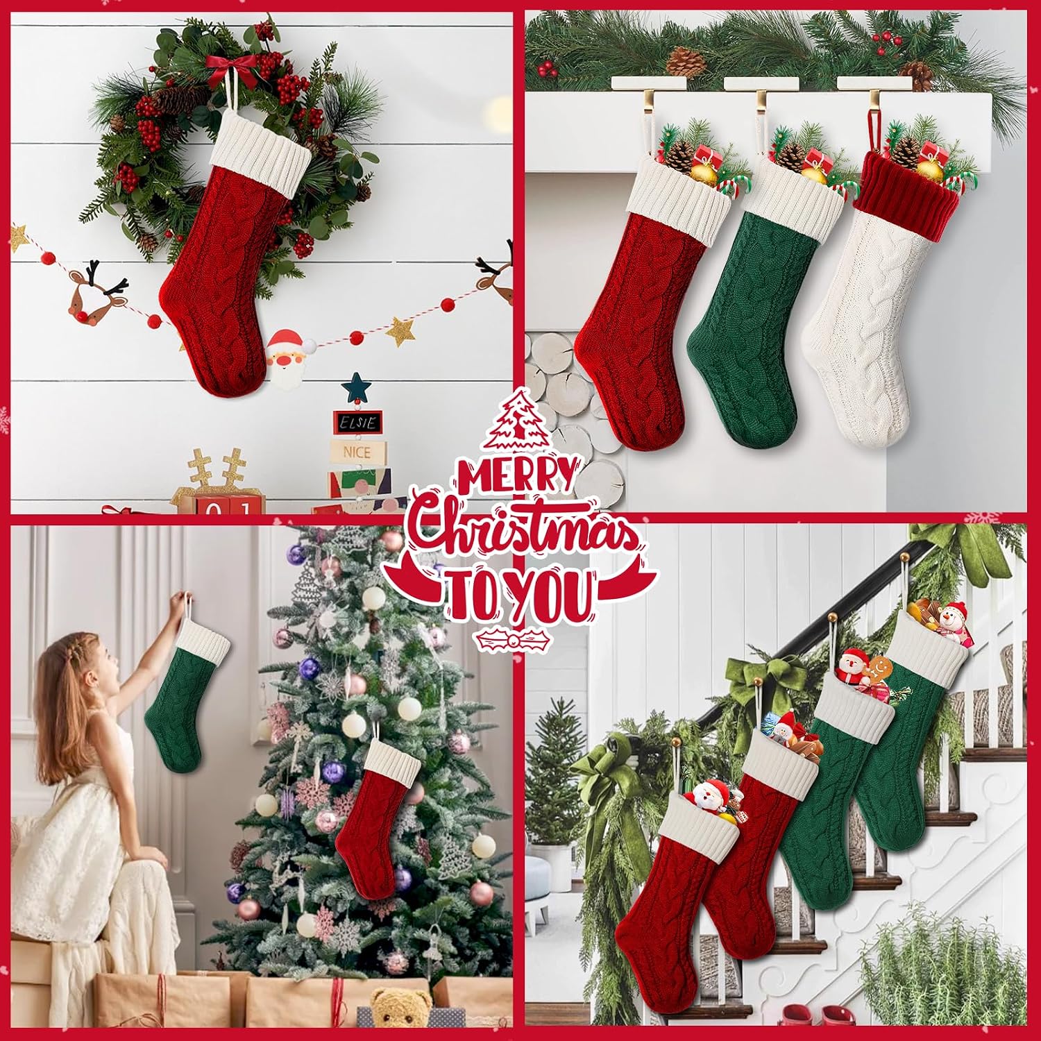 Christmas Stockings,18 Inches Large Cable Knitted Xmas Stocking for Family Holiday Fireplace Decoration(2 Redwhite,2 GreenWhite,2 WhiteRed)