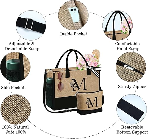 Miniatura 5 de Regalos para el día de la madre bolsa de yute inicial con cremallera, regalos de cumpleaños personalizados para mujeres, regalo de graduación para