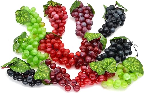 Jedmore - Lote de 12 paquetes de uvas artificiales de goma esmerilada para decoración de frutas y vinos, color negro, rojo, verde, morado