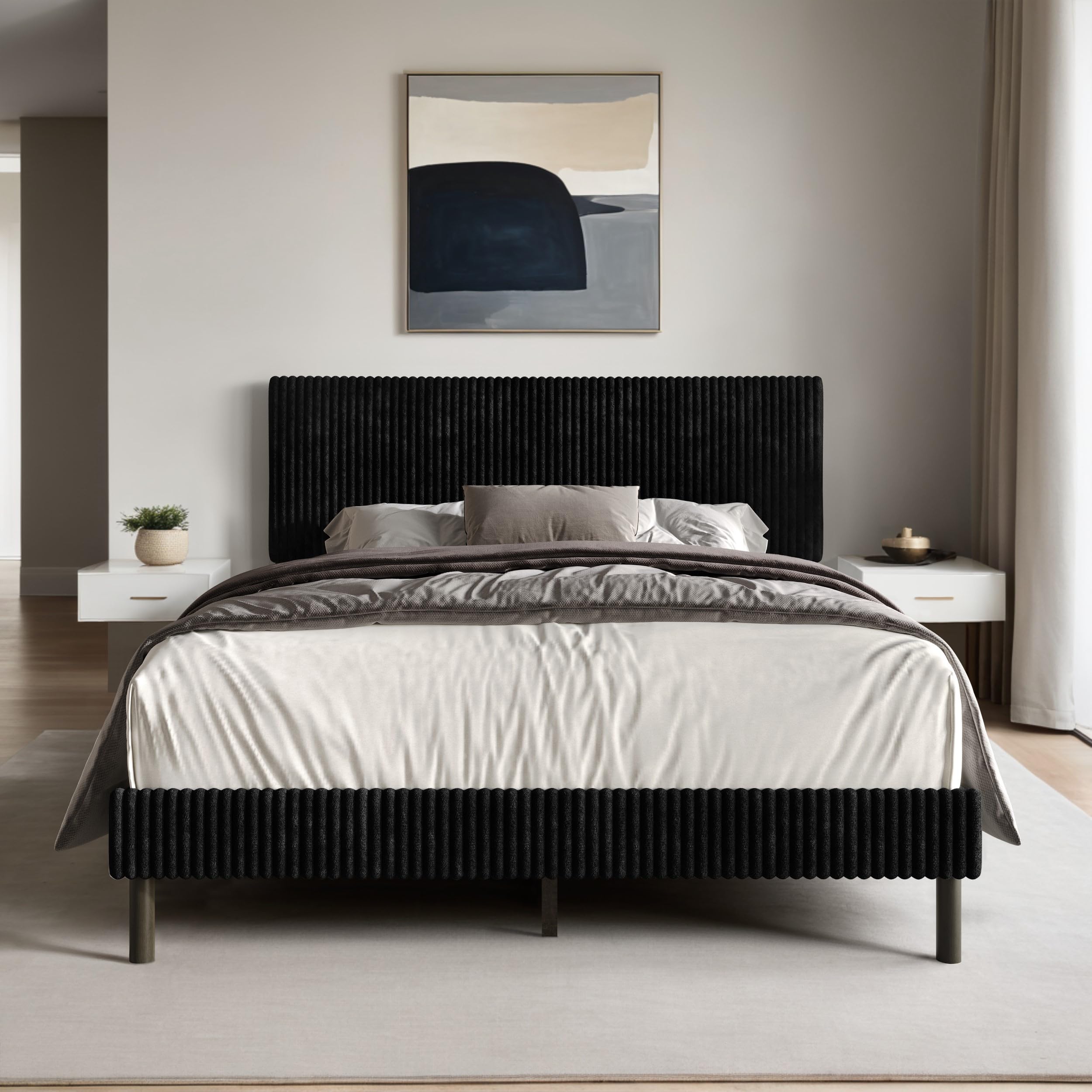 HOME DESIGN Osceola Queen Size Upholstered Bed Frame, Corduroy Fabric, Panel Headboard with Channel Tufting, Platform Design, Box Spring Required,