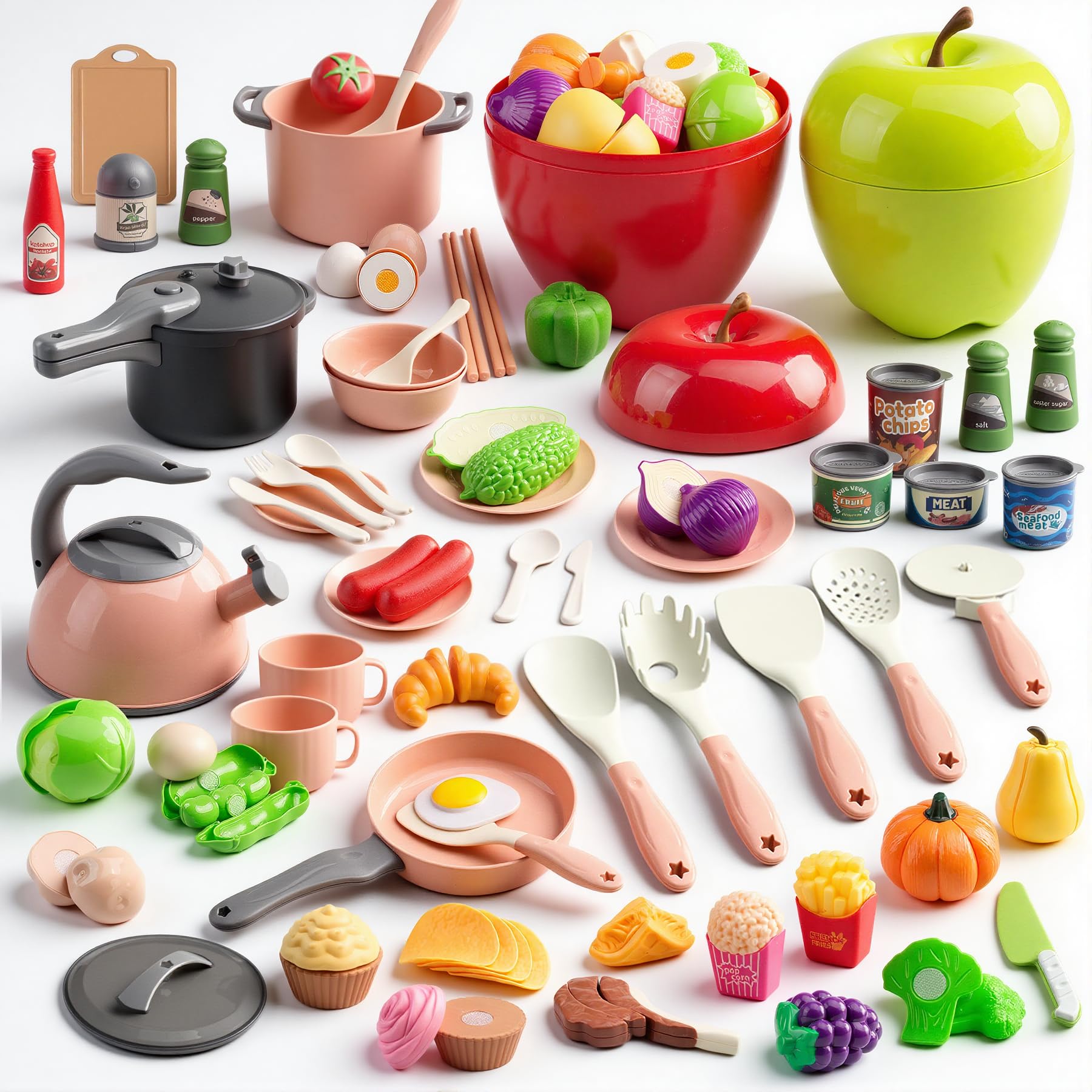 View 1 of 100Pcs Kitchen Playset, Kids Pretend Cooking Play Pots, Pans, Utensils, Cookware, Toy Food Fruits Veggies, with 2 Large Apple - Shaped Storage, Toddler Cooking Learning Gift(Pink)