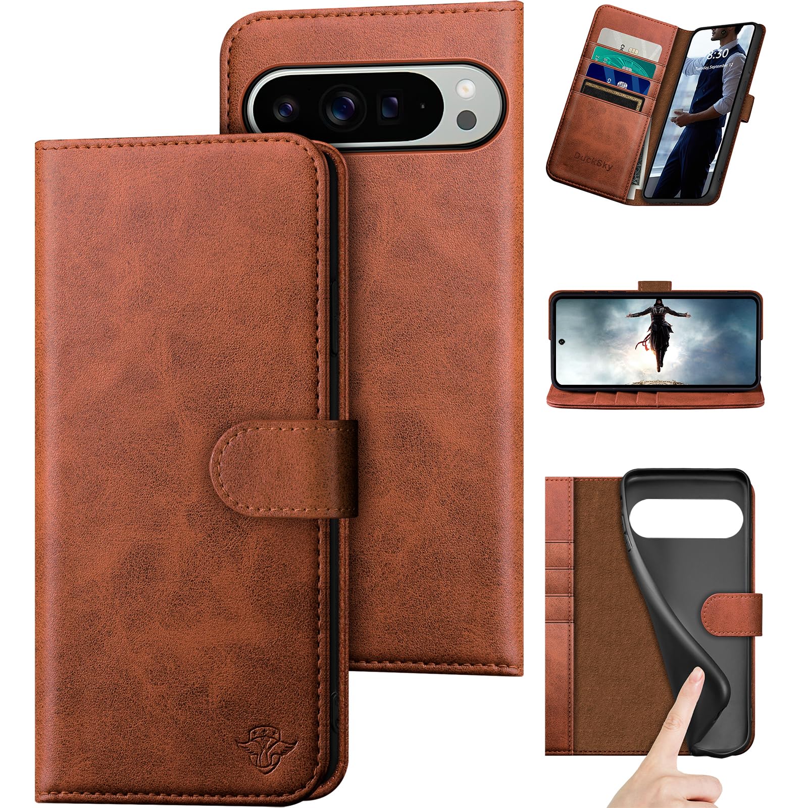 Compatible with Google Pixel 10 Pro XL 6.8" Genuine Leather Wallet case【RFID Blocking】【4 Credit Card Holder】【Real Leather】 Flip Phone case Cover Women Men for Pixel 10 Pro XL case Light Brown