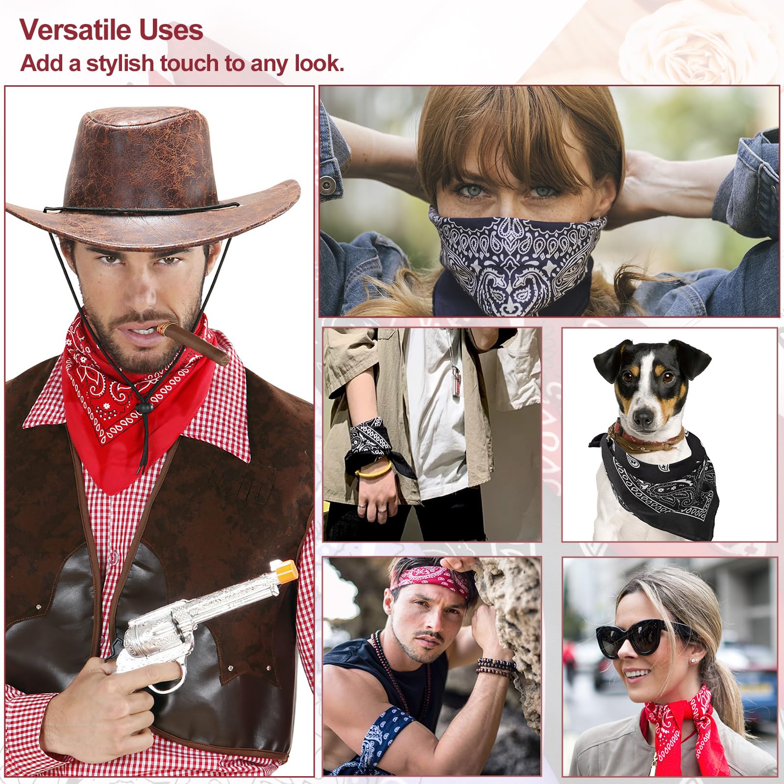 Vinuwu 12 Pack Bandana, Colourful Paisley Head Scarfs for Women Men, Stylish Nylon Headband, Neckerchief Snood Skull Cap, Square Face Covering for Motorcycling, Fashion Cowboy Accessories 22x22in — view 6