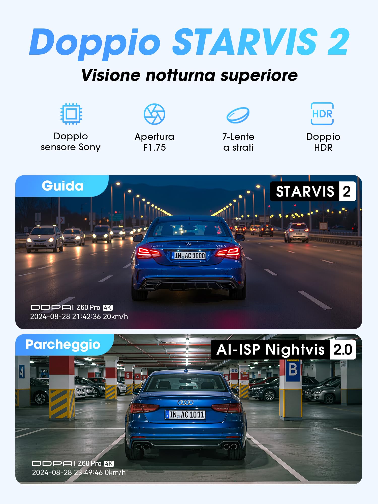 DDPAI Z60 Pro Dashcam Auto 4K, Dual STARVIS 2 IMX678 60FPS HDR, eMMC Integrata 32GB + Scheda 128GB Gratuita, Visione Notturna AI-ISP, 4G LTE, WiFi 5GHz, GPS, Modalità Parcheggio 24h, Schermo IPS 3"