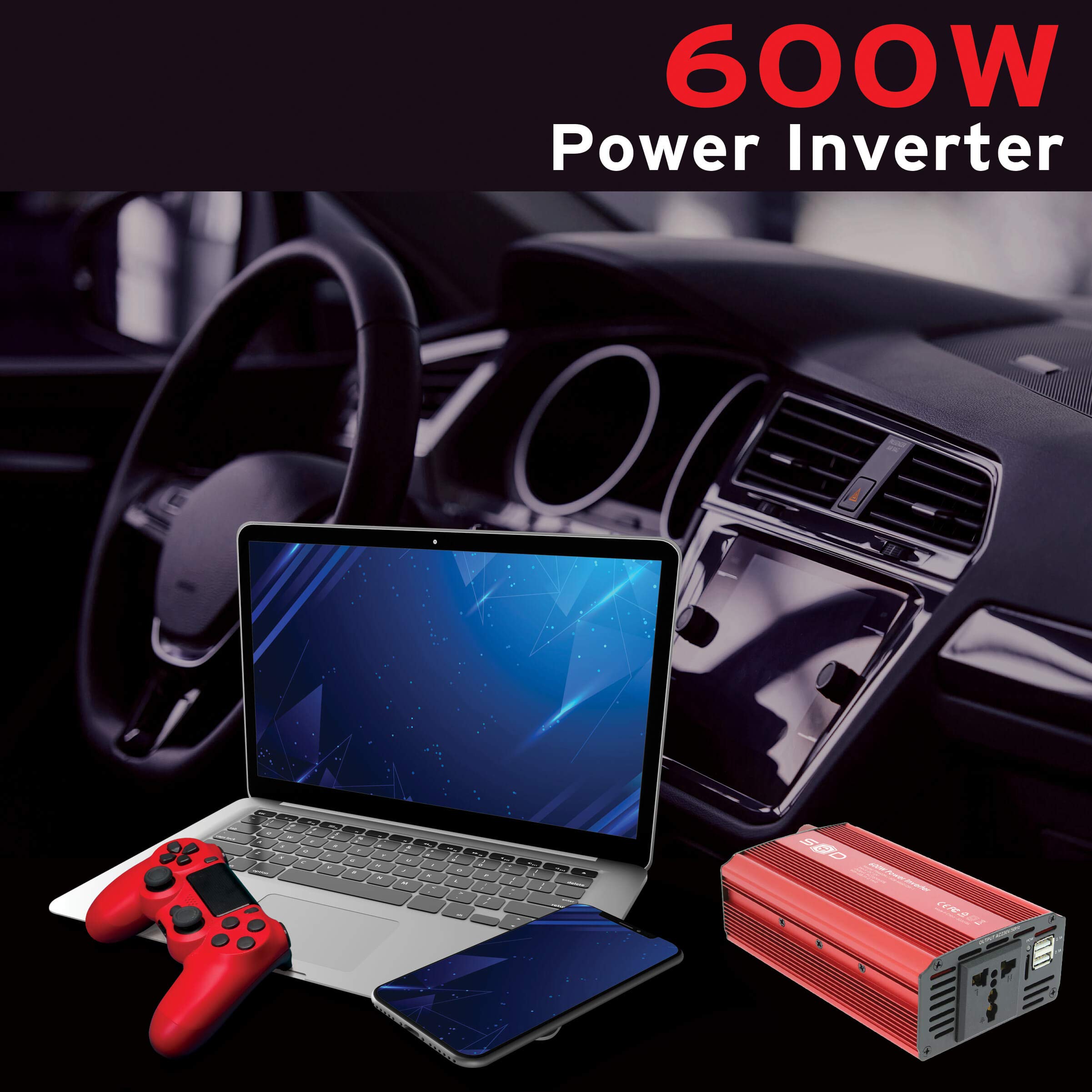 S SUMEX PIN600W Convertidor Inversor Coche 600W / 1200W, Corriente DC 12V 230V con 2 Puertos USB 5V 2.1 A. Onda Pura, Toma AC para Portatil, Movil, TV, Tablet