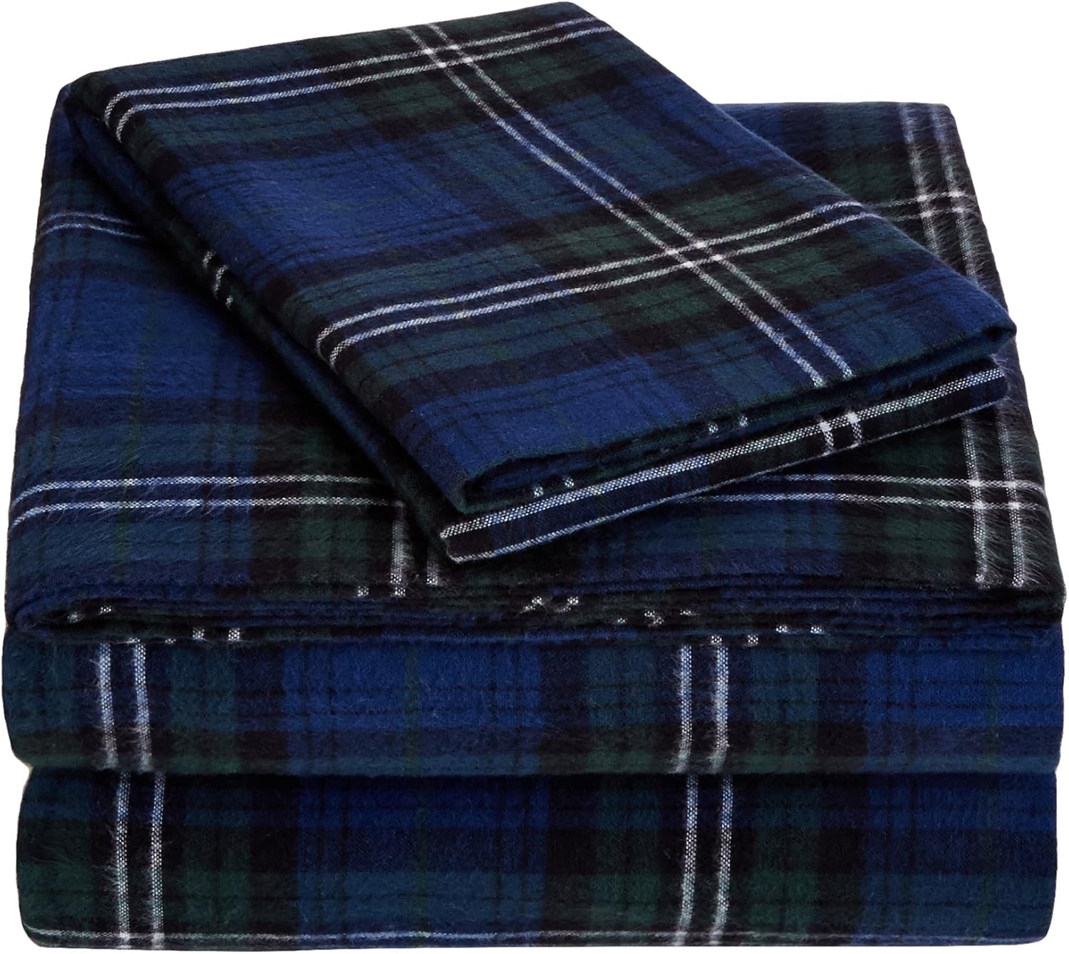 Amazon Basics Yarn-Dyed Lightweight Flannel Sheet Set - Twin Extra-Long, Blackwatch Plaid