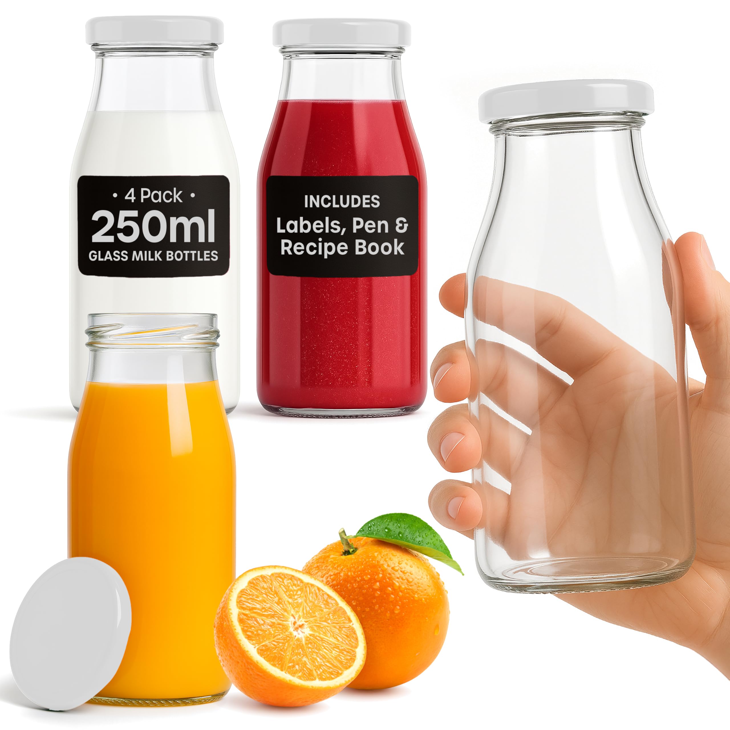 Volila White Glass Milk Bottles With Lids - 4 Pack X 250Ml Glass Bottles With Lids, Labels, And Pen - Reusable Milk Bottle For Juices, Dressings, Sauces, Beverages, Decoration And Storage ( Lid)