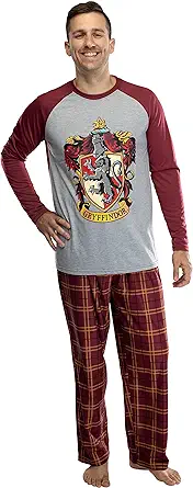 Harry Potter Adult Men's Raglan Shirt And Plaid Pants Pajama Set -Gryffindor, Ravenclaw, Slytherin, Hufflepuff