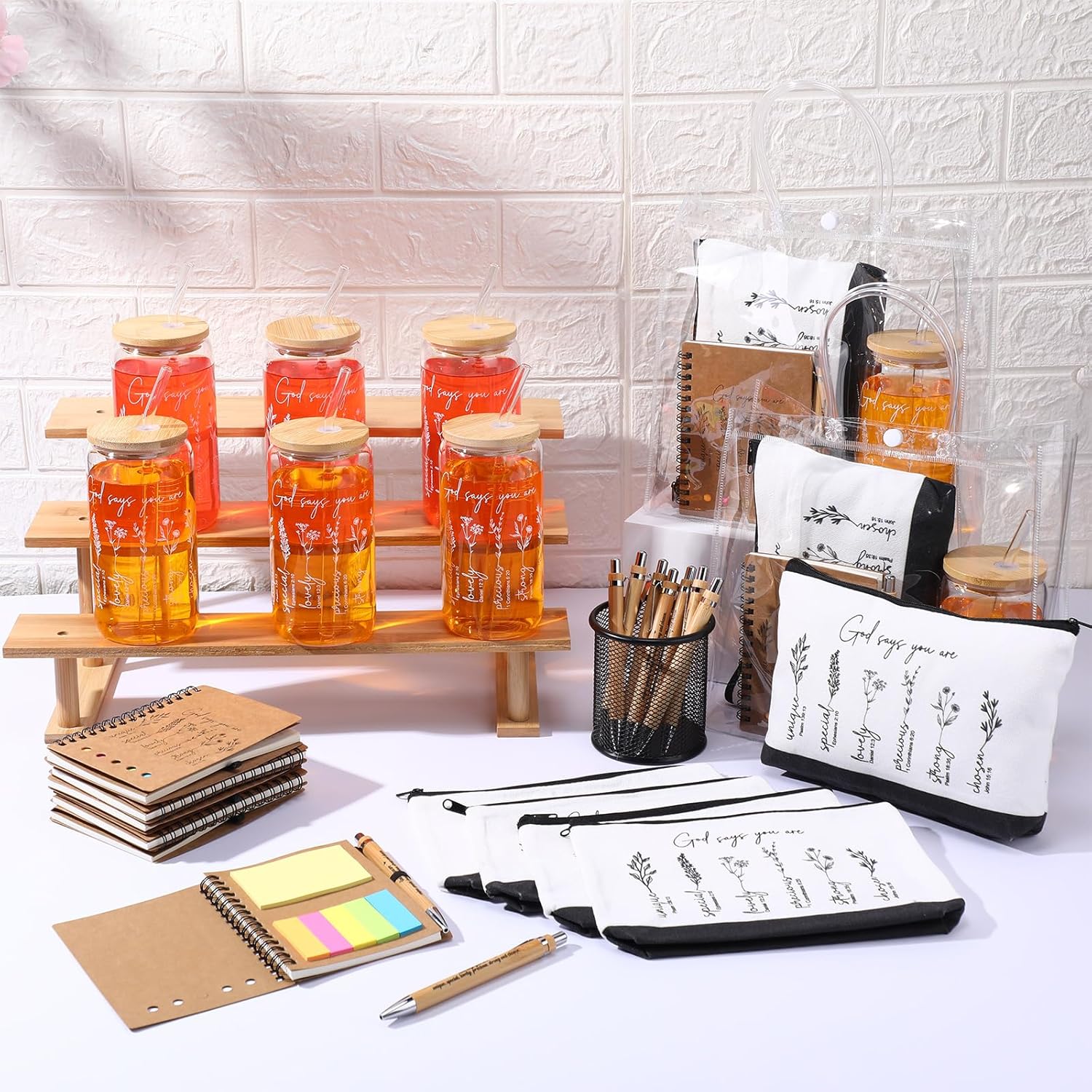 60 Pcs Mother Day Christian Gifts Bulk Gold Says Glass Cup Makeup Bag Bamboo Pen Bible Notebook and Bag for Women Sunday School Religious Party