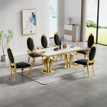 HomVent 68.11 Marble Dining Table Set for 6, Modern Kitchen Table with Gold Stainless Steel Pedestal Table, Faux Marble Dining Room Table with 6 Leather Dining Chairs White3-1Table,6 Chairs