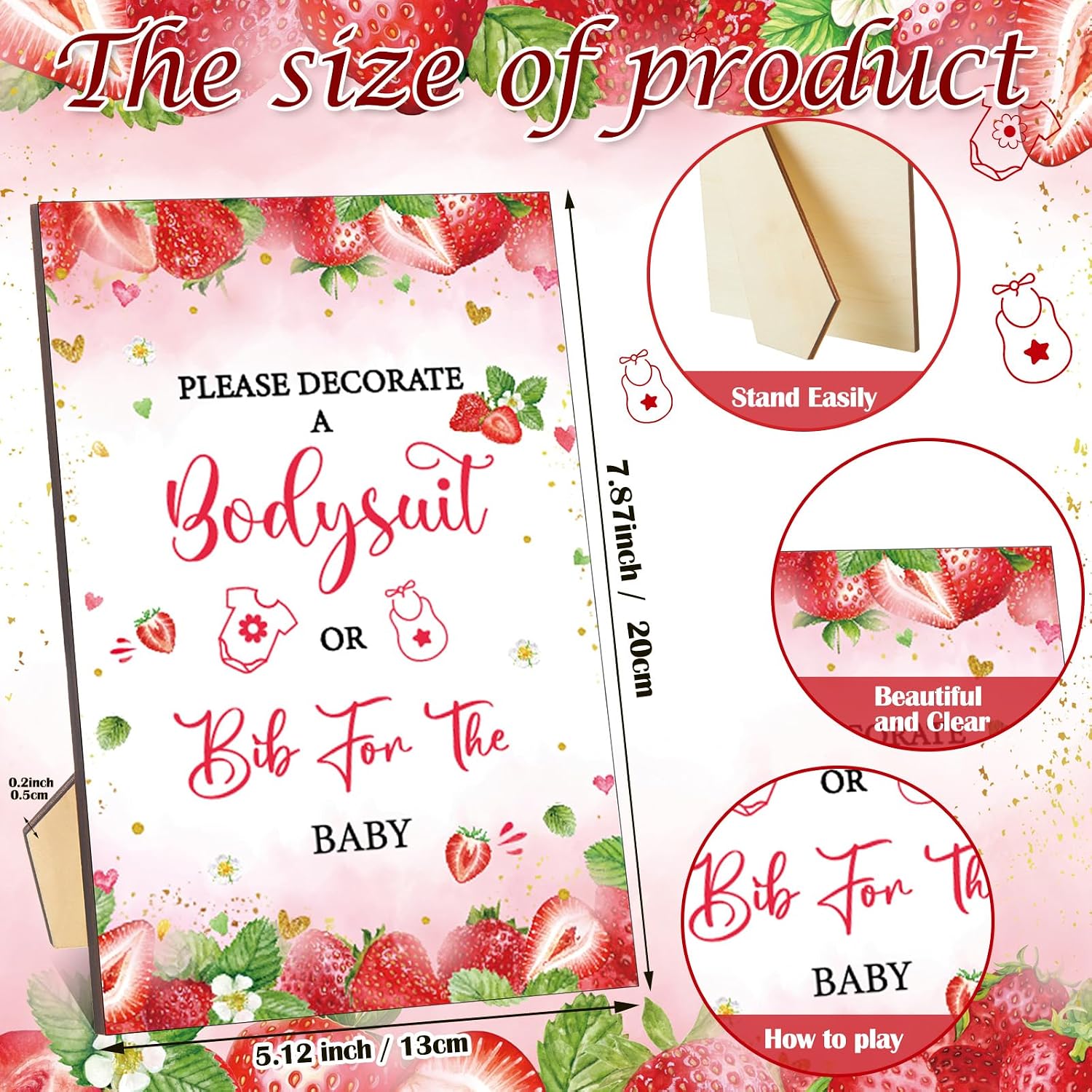 Panitay 100 Pcs White Baby Bodysuits Bibs Kit 25 Guests, Strawberry image 3