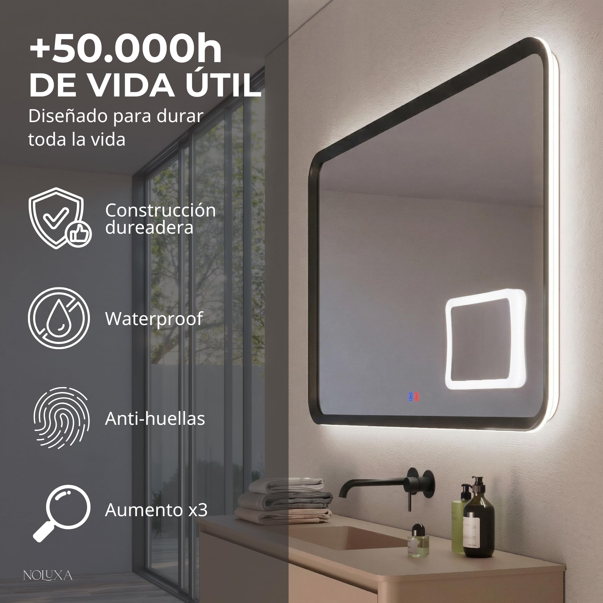 LEDIMEX - Espejo Baño 140x80cm Retroiluminado con Luz LED, Antivaho y x3 de Aumento con Marco Negro Mate | Espejo Inteligente con Luz Tri-LED (Cálida, Neutra y Fría) y Sensor ON/OFF | Serie Duomo
