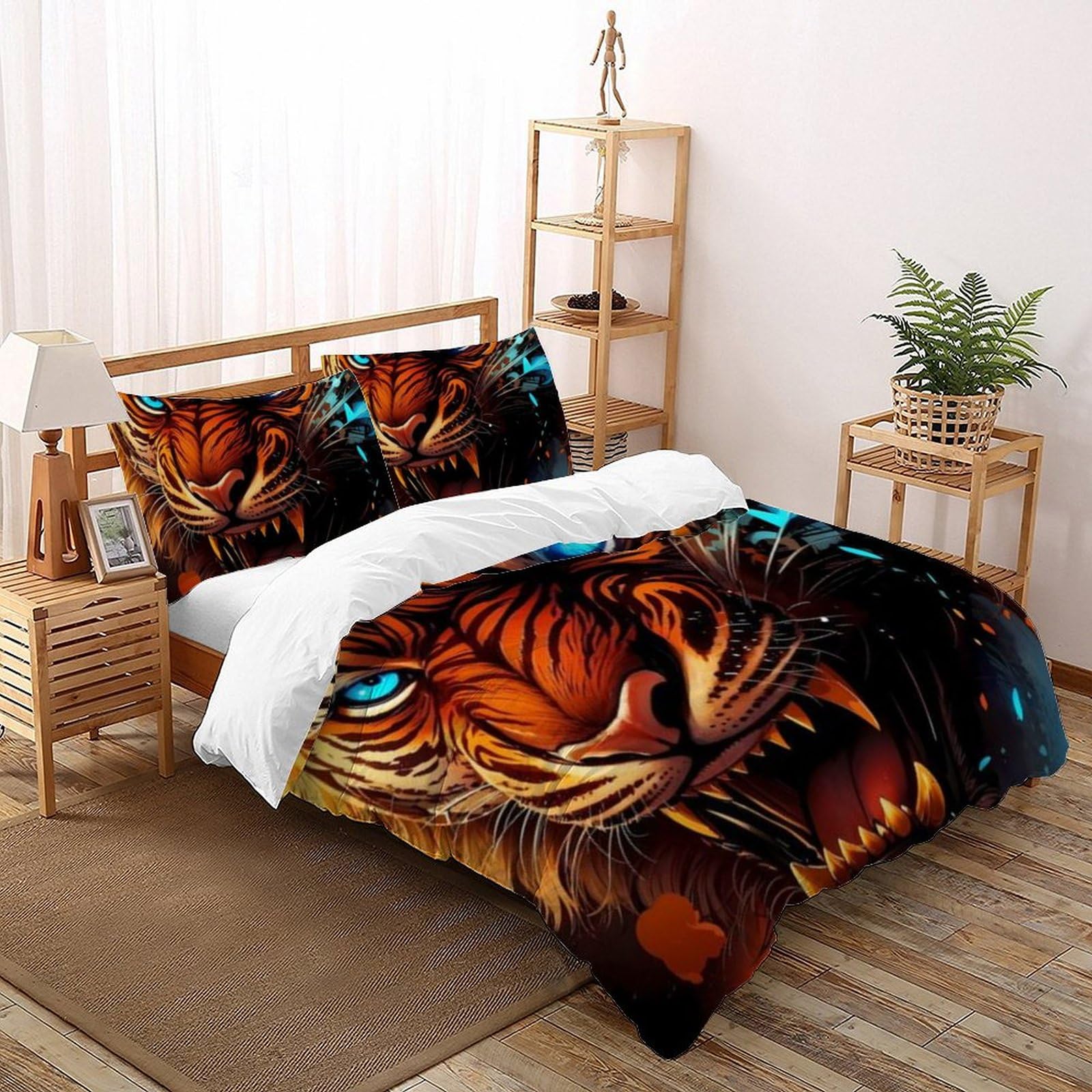 Housse de couette tigre 3D crée un décor de jungle moderne dans une grande chambre de garçon