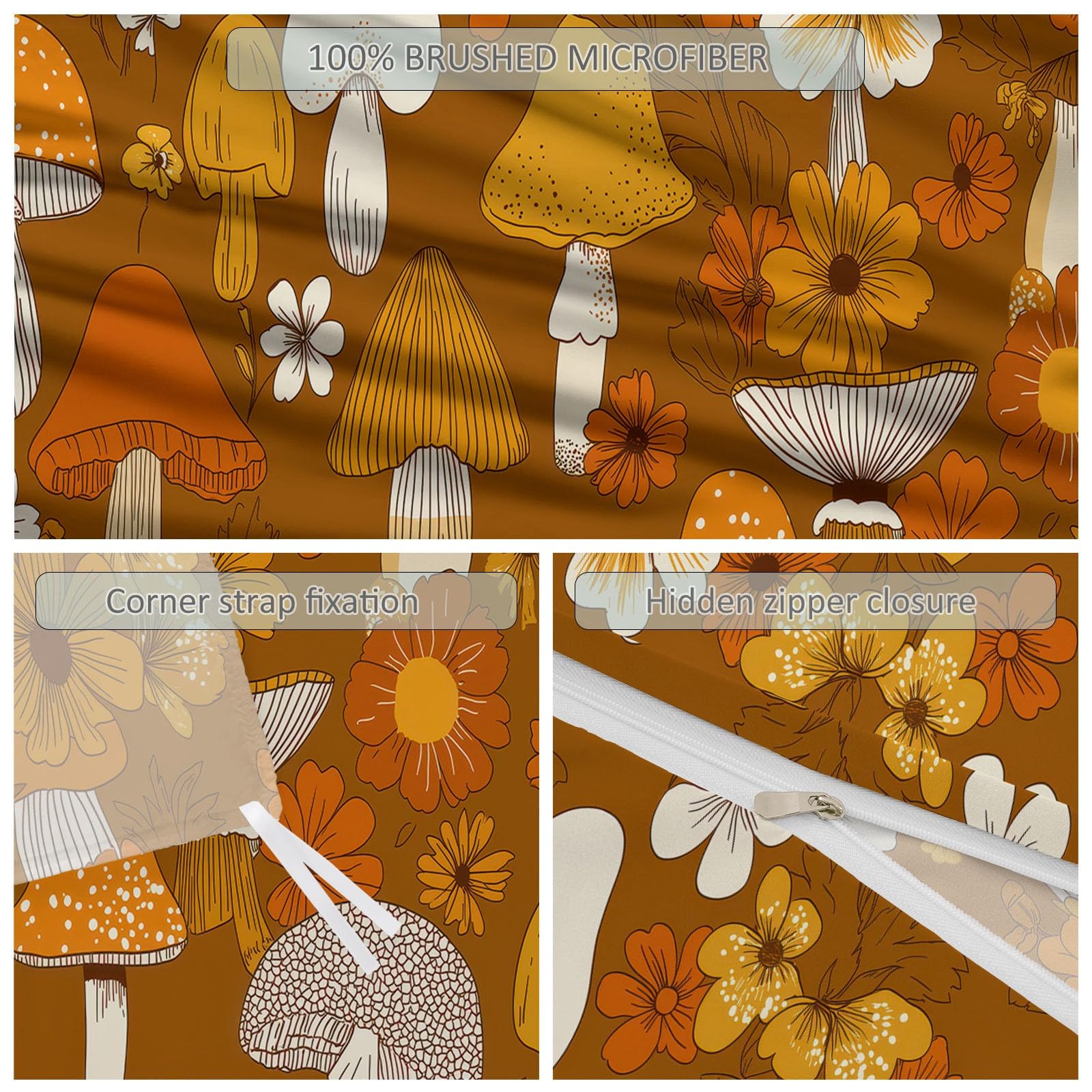 Générique Komplet pościeli 240 x 260 cm Kasztan Rośliny Grzybowe w stylu retro, mikrofibra Premium, bardzo oddychająca i zapobiegająca poceniu się, idealna na 4 pory roku
