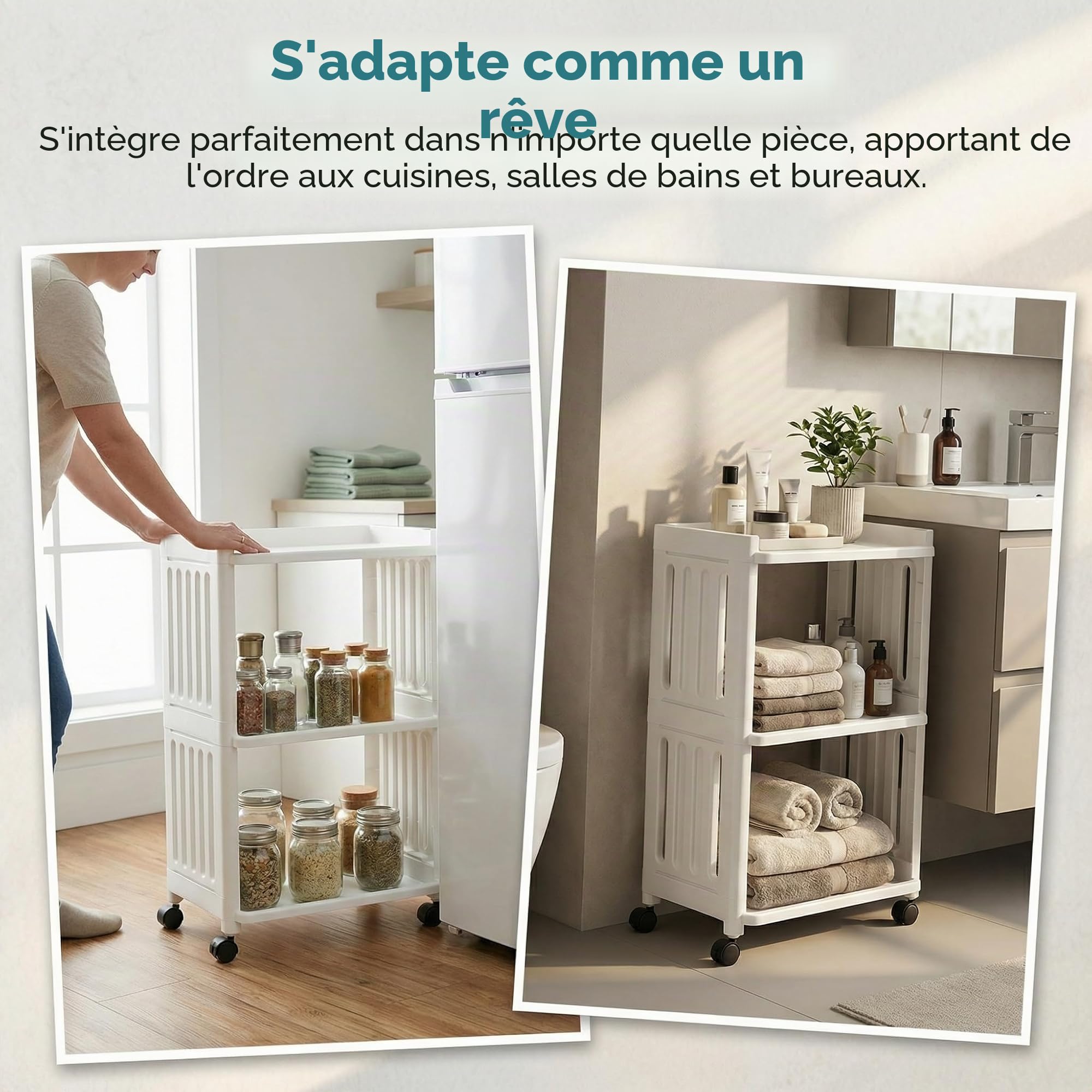 Chariot de bricolage Étagère à roulettes étroite Chariot de rangement en plastique à 3 étages avec 4 roues Chariot de salle de bain Cuisine Étagère de salle de bain pour salon Bureau Chariot