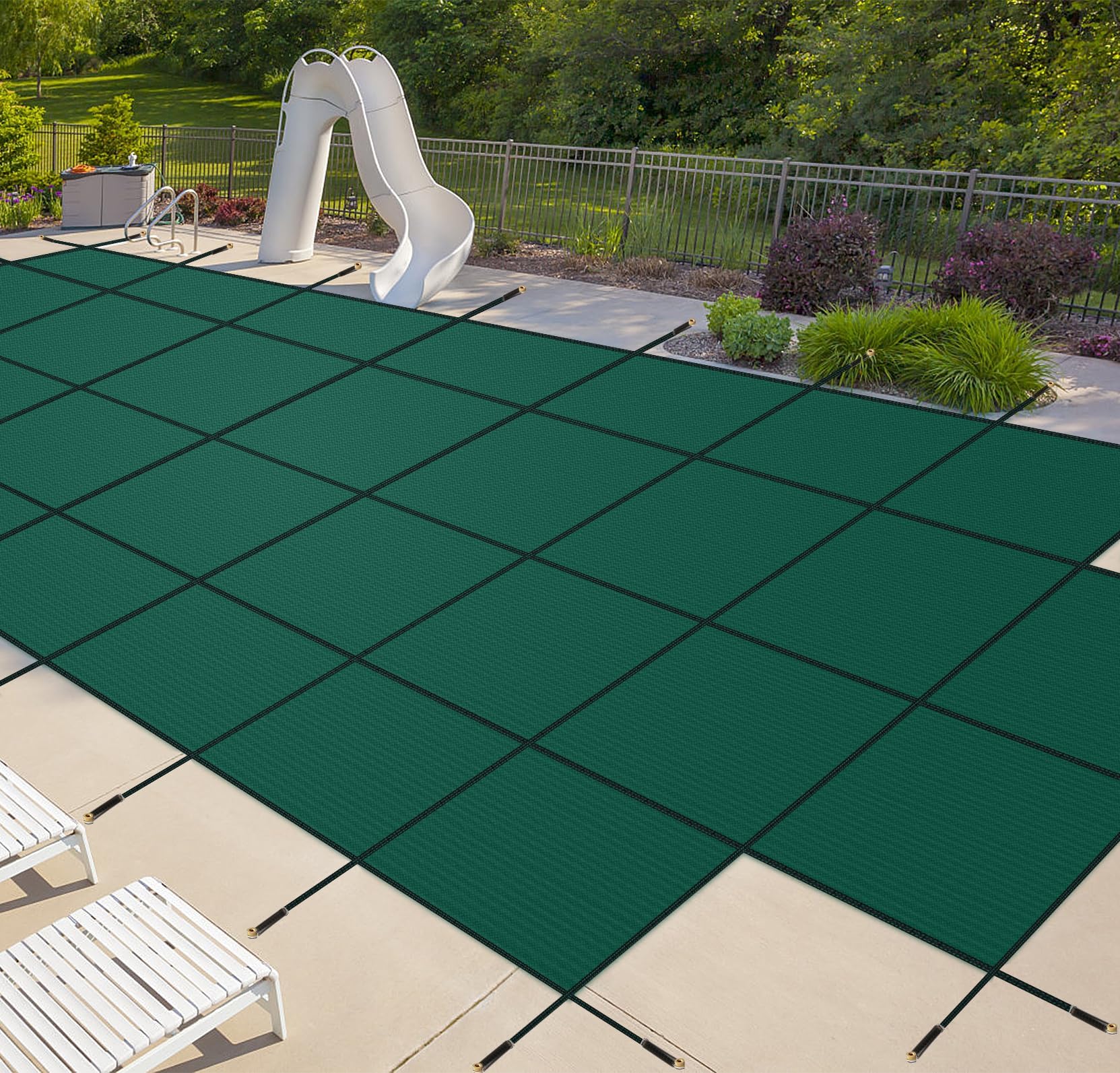 iCOVER Inground Pool Safety Cover, Fits 16x32ft Rectangular Pools with 4x8ft Center End Step, Winter Pool Covers for Inground Pools, Safety Pool Covers, Triple Stitched High Strength, Green