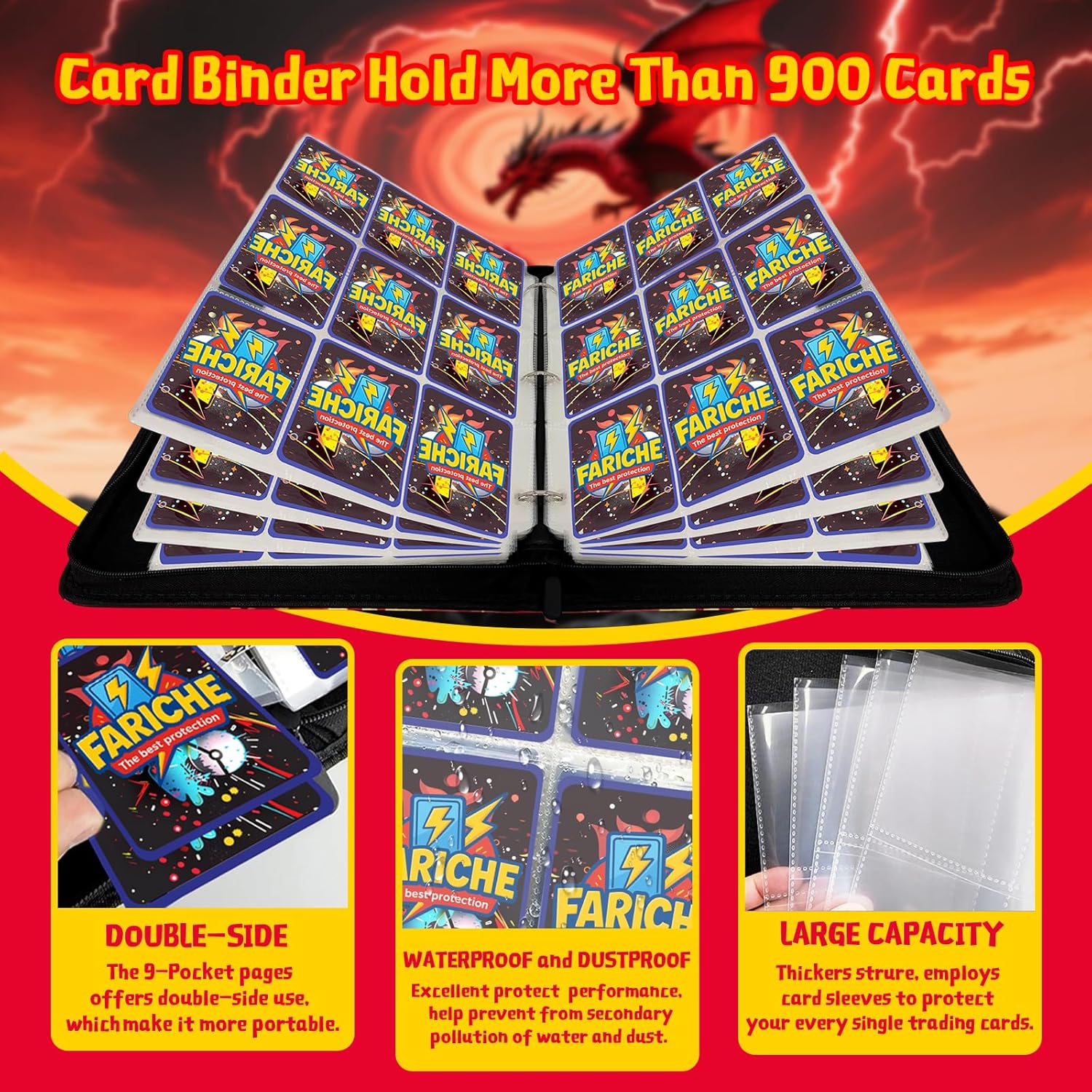 Trading Card Binder for TCG Cards, 9-Pocket Portable Card Collector Ablum Holder Book Fits 900 Cards with 50 Removable Sleeve, Waterproof Card Binder Display Storage Carrying Cases for TCG- Dragon